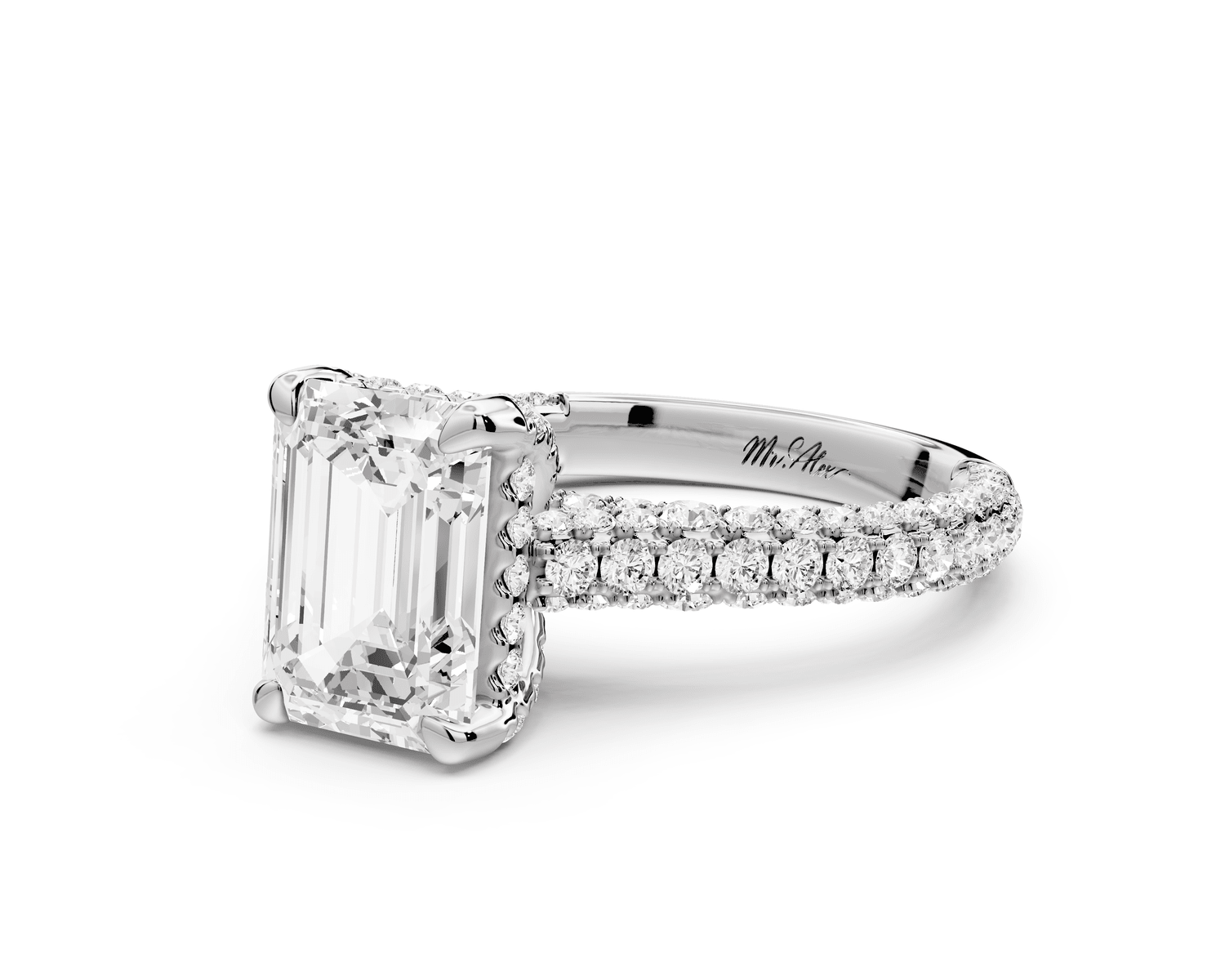 Bianca - 2ct 18k white gold emerald Diamond hidden halo with a diamond crown and bridge rollover pave cathedral Engagement ring - Mr. Alex Jewelry