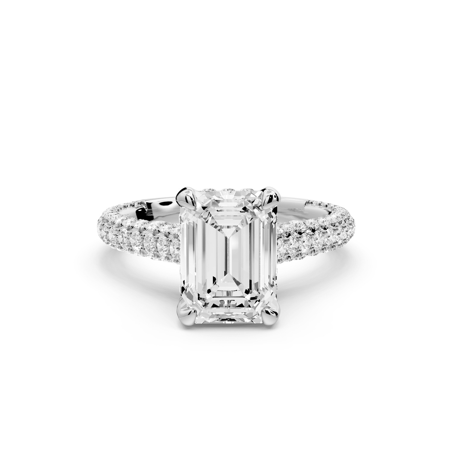 Bianca - 2ct 18k white gold emerald Diamond hidden halo with a diamond crown and bridge rollover pave cathedral Engagement ring - Mr. Alex Jewelry
