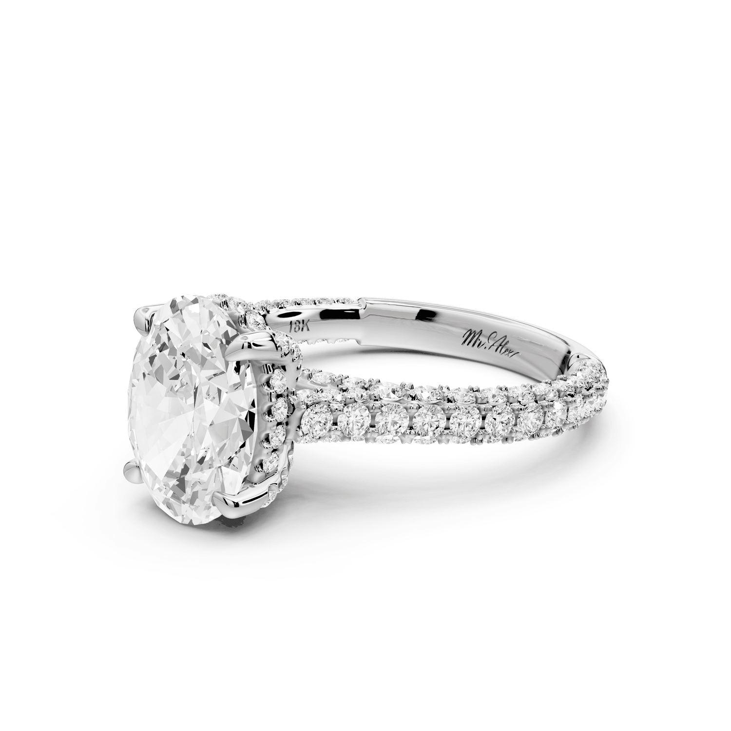 Bianca - 2ct 18k white gold oval Diamond hidden halo with a diamond crown and bridge rollover pave cathedral Engagement ring - Mr. Alex Jewelry
