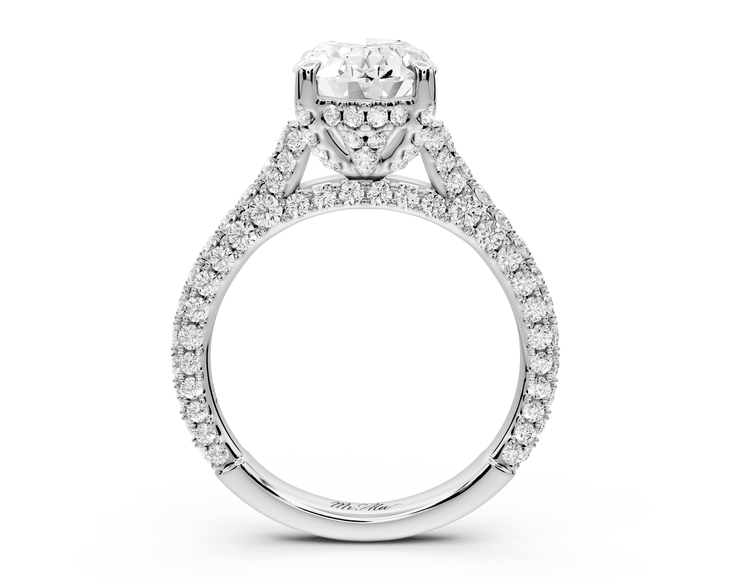 Bianca - 2ct 18k white gold oval Diamond hidden halo with a diamond crown and bridge rollover pave cathedral Engagement ring - Mr. Alex Jewelry
