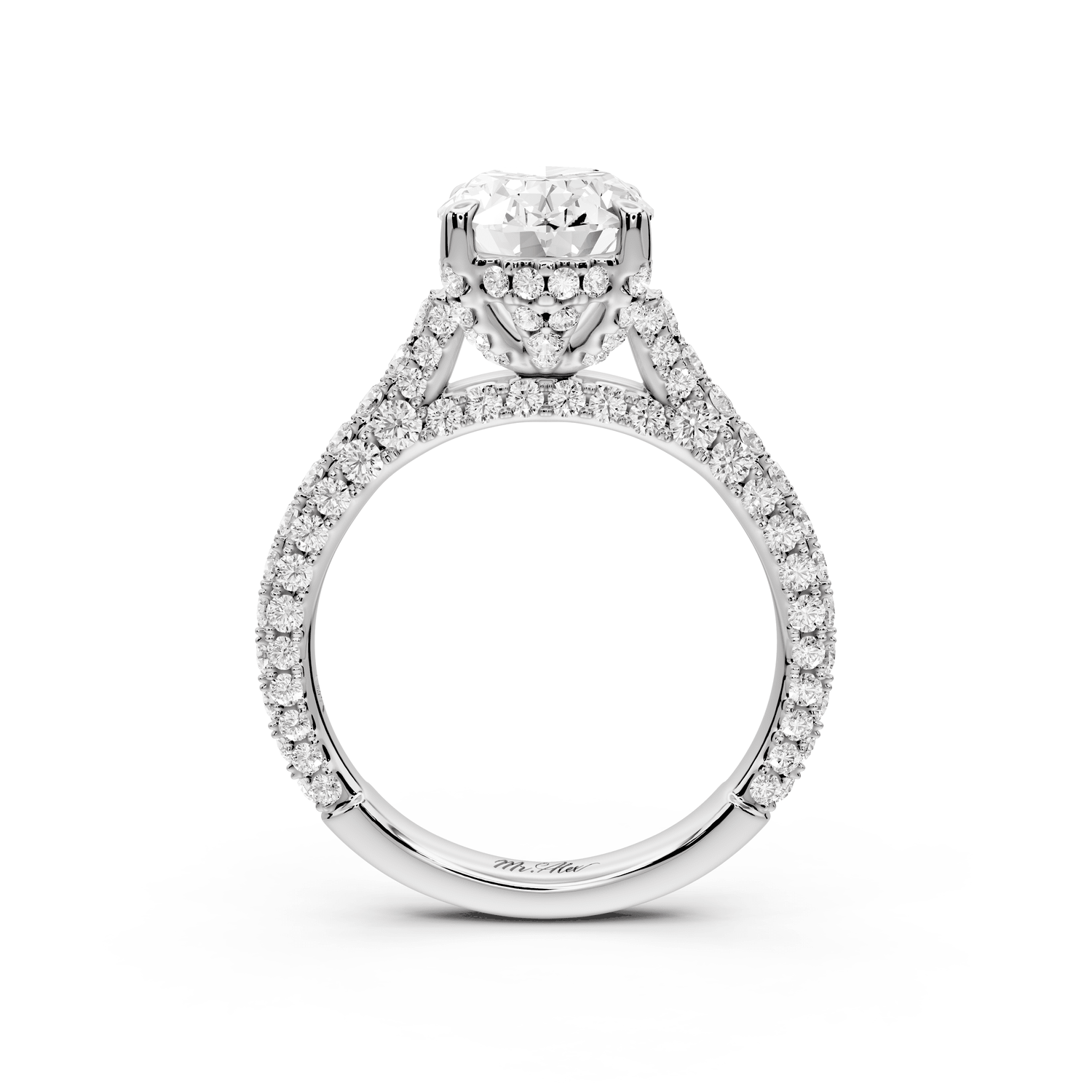 Bianca - 2ct 18k white gold oval Diamond hidden halo with a diamond crown and bridge rollover pave cathedral Engagement ring - Mr. Alex Jewelry