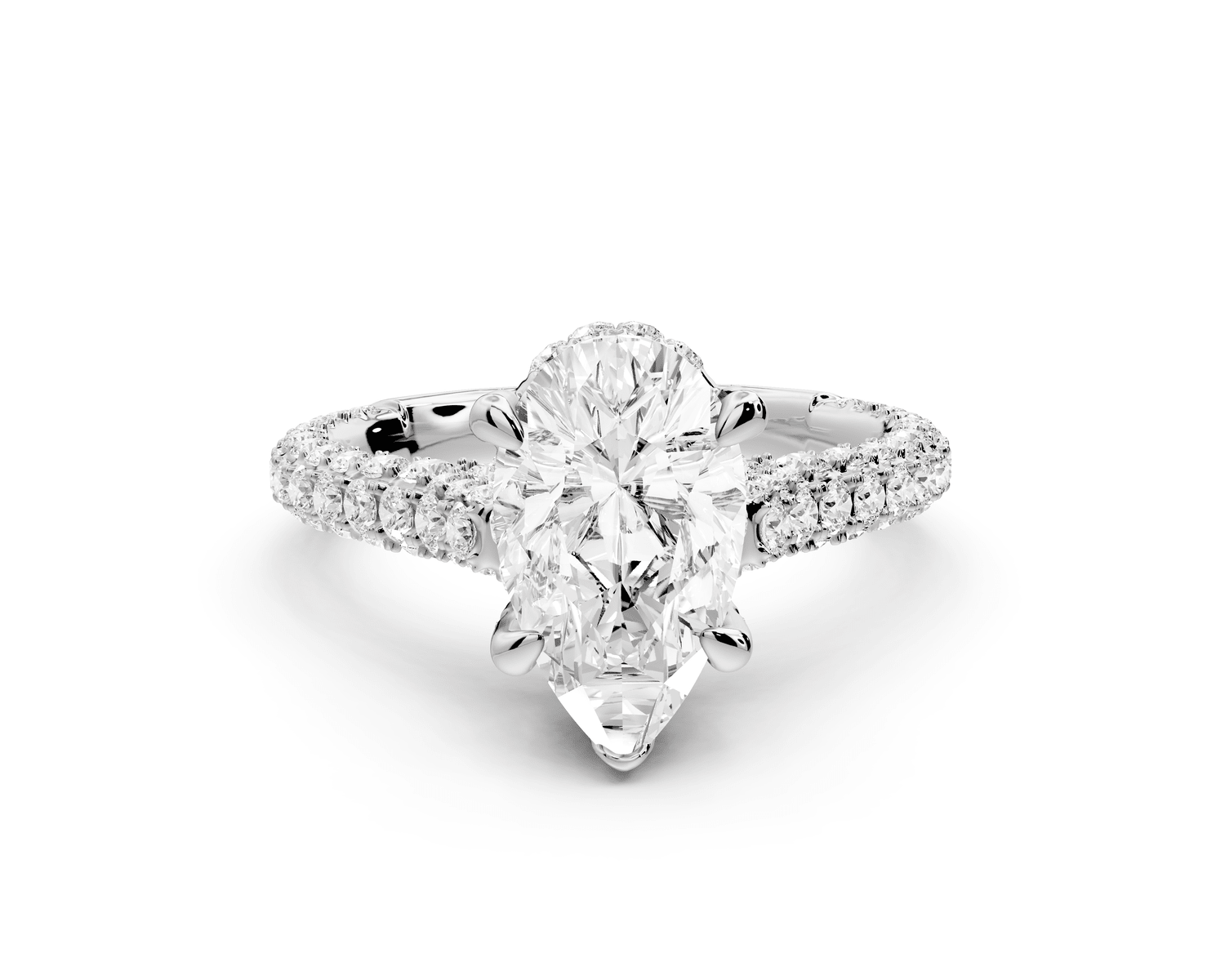 Bianca - 2ct 18k white gold pear Diamond hidden halo with a diamond crown and bridge rollover pave cathedral Engagement ring - Mr. Alex Jewelry