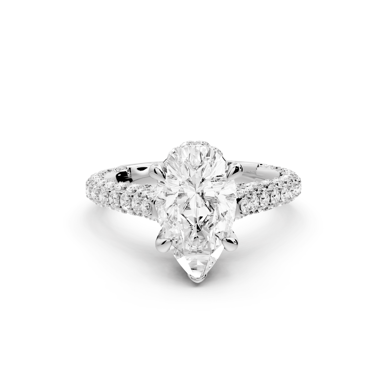 Bianca - 2ct 18k white gold pear Diamond hidden halo with a diamond crown and bridge rollover pave cathedral Engagement ring - Mr. Alex Jewelry