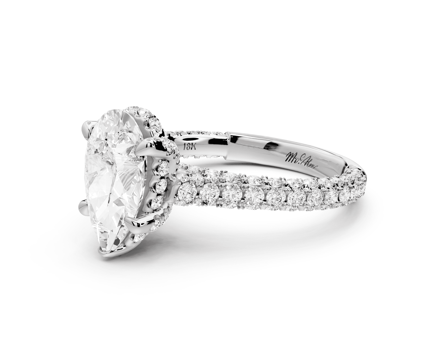 Bianca - 2ct 18k white gold pear Diamond hidden halo with a diamond crown and bridge rollover pave cathedral Engagement ring - Mr. Alex Jewelry