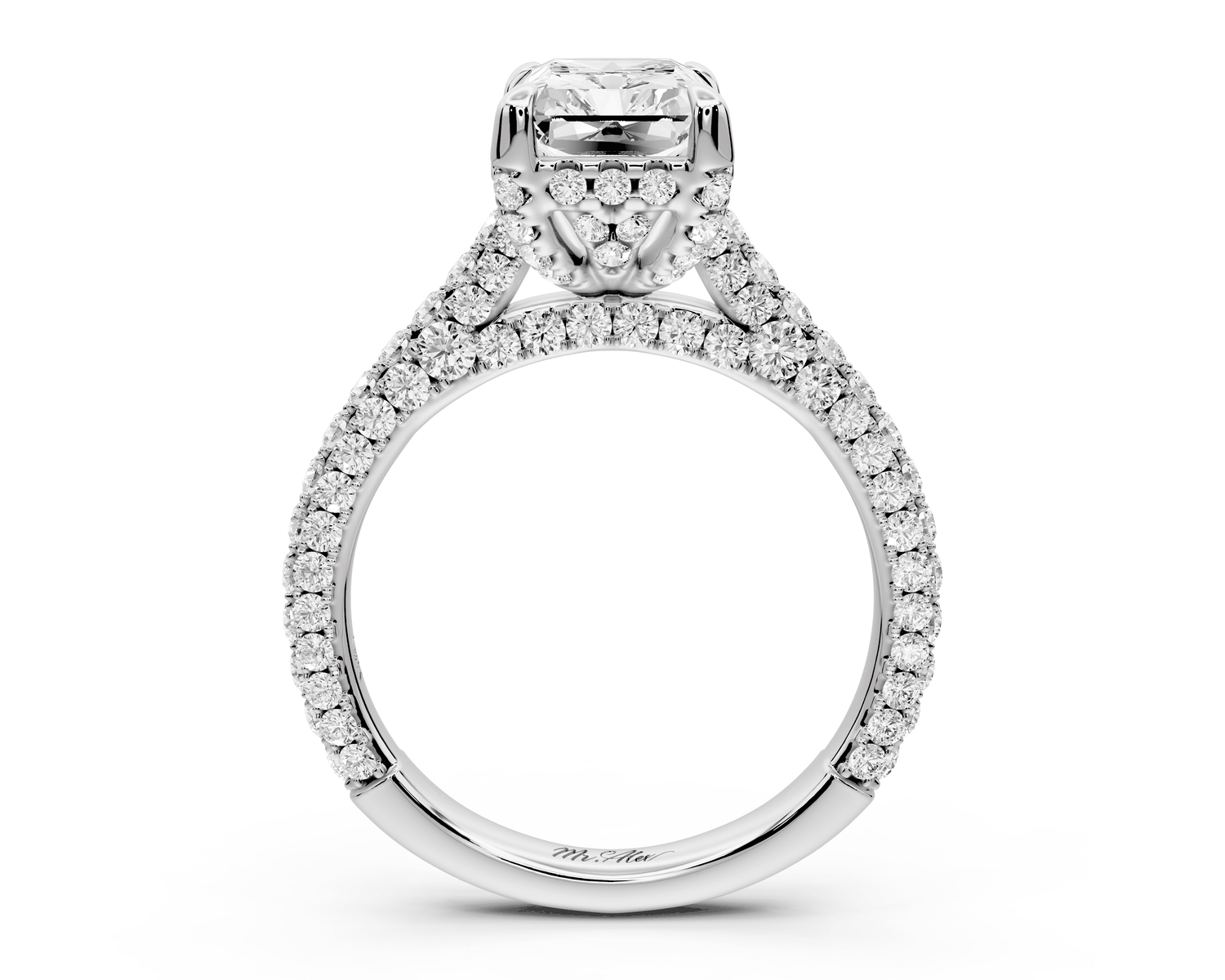 Bianca - 2ct 18k white gold radiant Diamond hidden halo with a diamond crown and bridge rollover pave cathedral engagement ring - Mr. Alex Jewelry