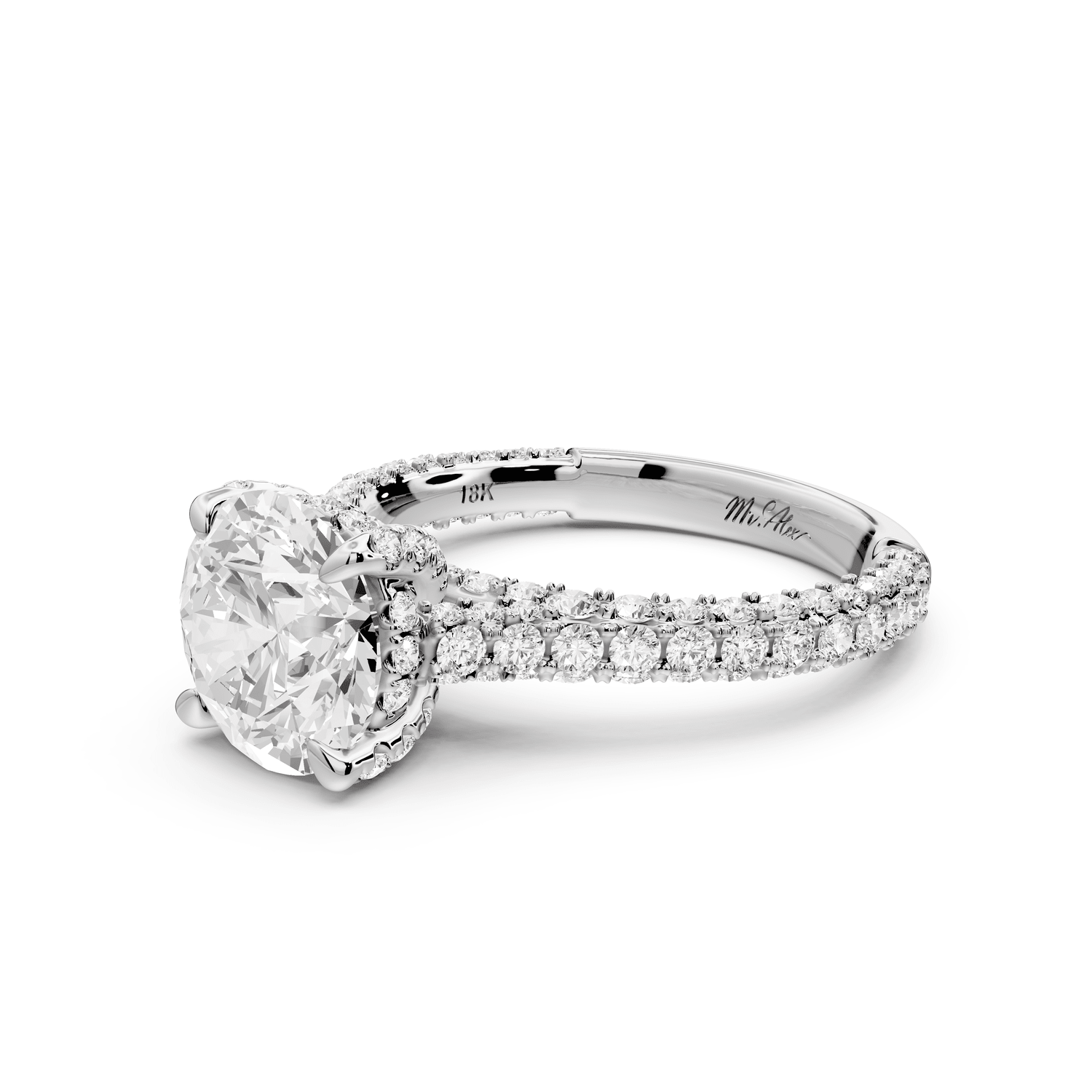 Bianca - 2ct 18k white gold round Diamond hidden halo with a diamond crown and bridge rollover pave cathedral engagment ring - Mr. Alex Jewelry