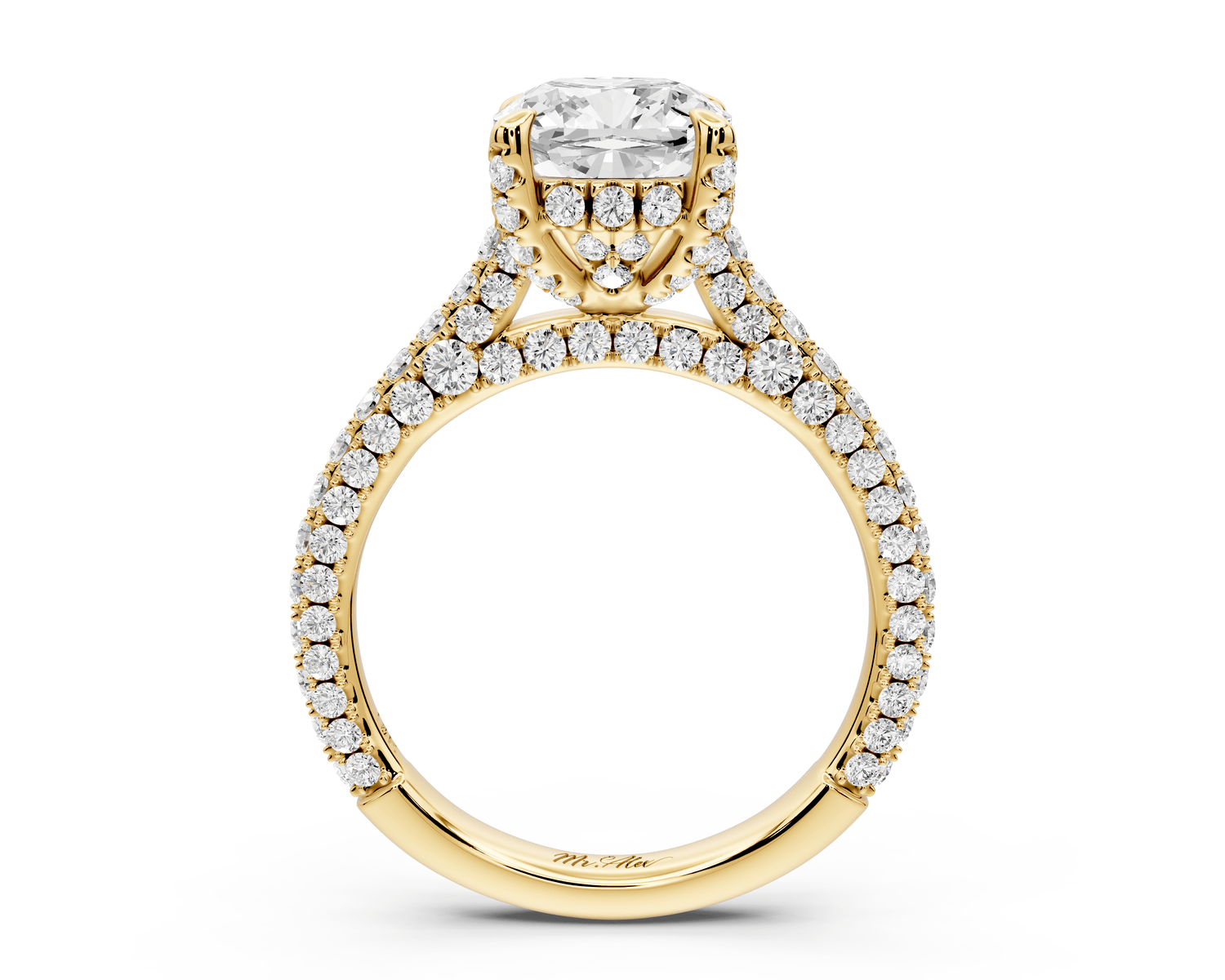 Bianca - 2ct 18k yellow gold cushion Diamond hidden halo with a diamond crown and bridge rollover pave cathedral engagement ring - Mr. Alex Jewelry