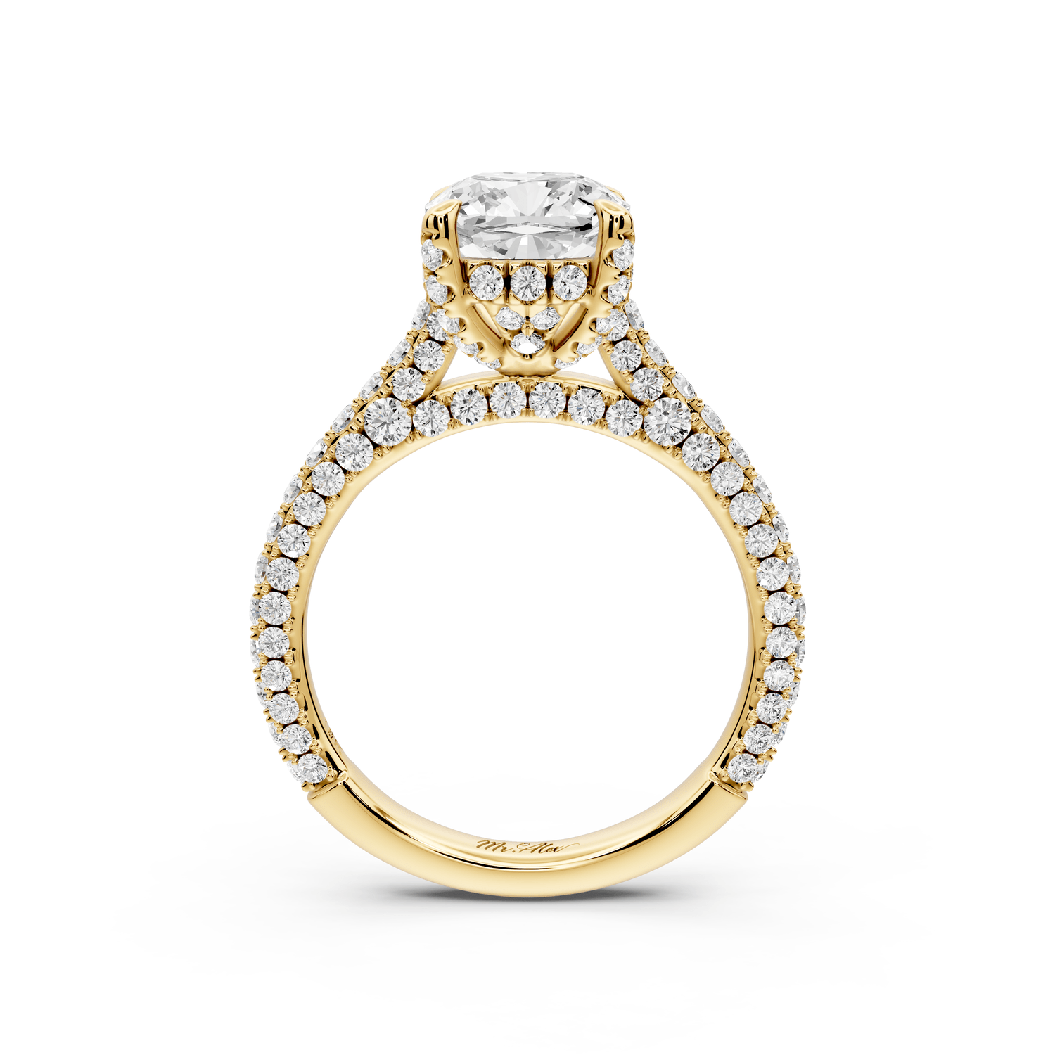 Bianca - 2ct 18k yellow gold cushion Diamond hidden halo with a diamond crown and bridge rollover pave cathedral engagement ring - Mr. Alex Jewelry