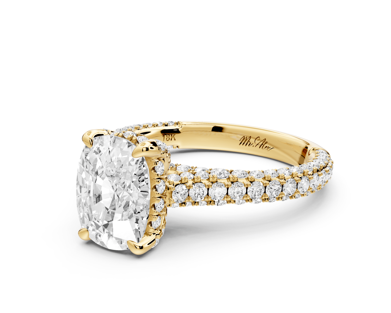 Bianca - 2ct 18k yellow gold ecushion Diamond hidden halo with a diamond crown and bridge rollover pave cathedral engagement ring - Mr. Alex Jewelry