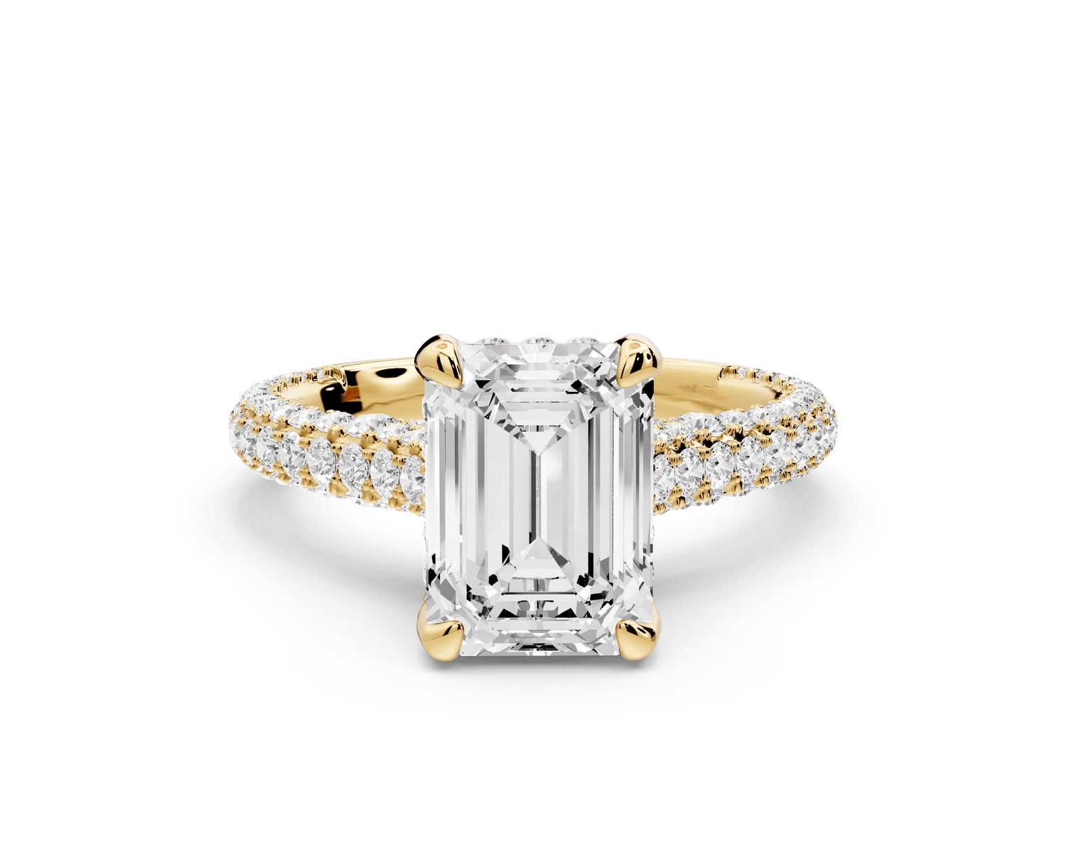 Bianca - 2ct 18k yellow gold emerald Diamond hidden halo with a diamond crown and bridge rollover pave cathedral Engagement ring - Mr. Alex Jewelry