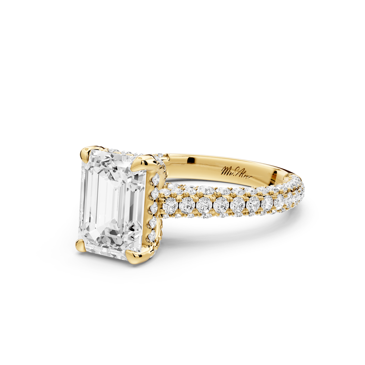 Bianca - 2ct 18k yellow gold emerald Diamond hidden halo with a diamond crown and bridge rollover pave cathedral Engagement ring - Mr. Alex Jewelry
