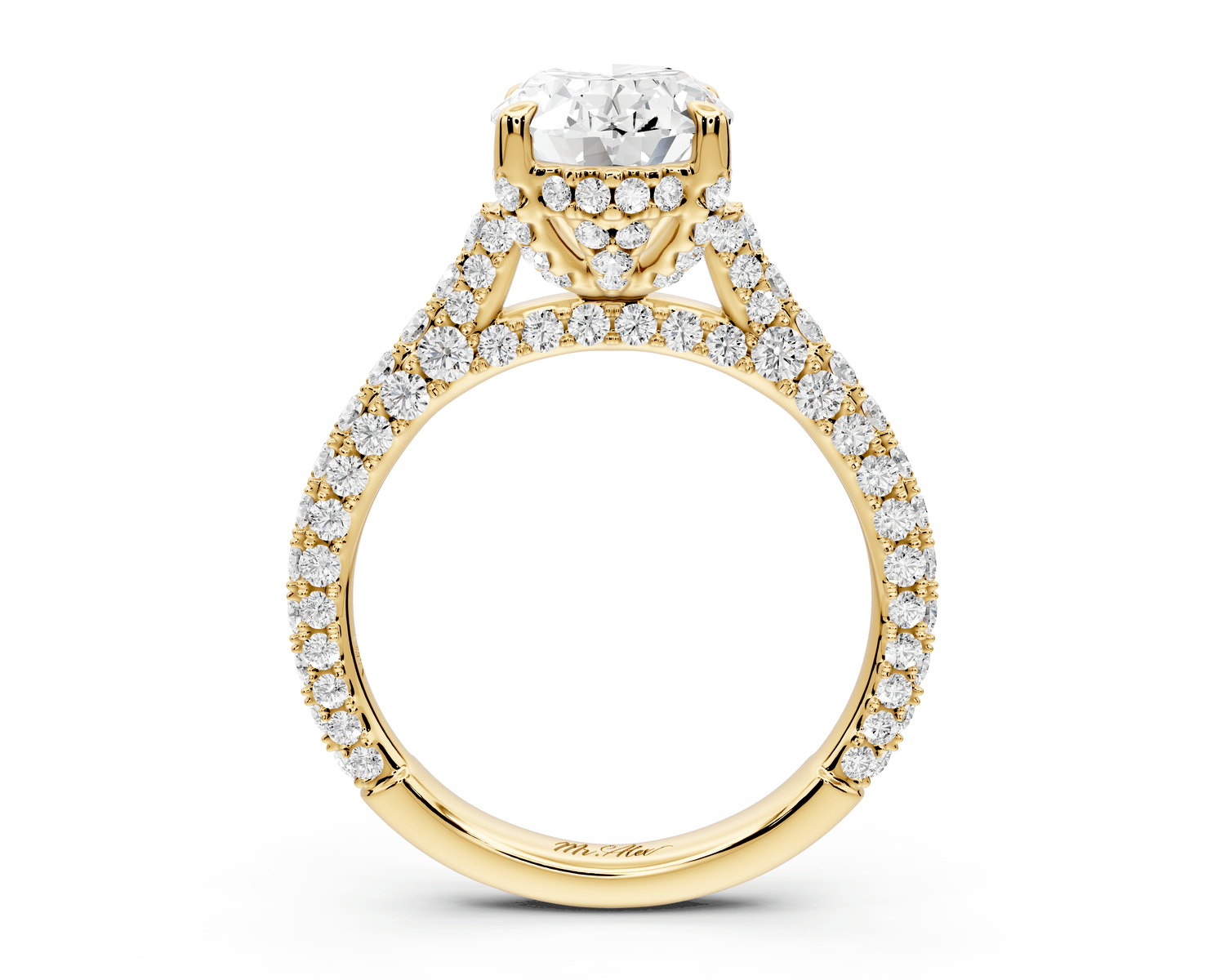 Bianca - 2ct 18k yellow gold oval Diamond hidden halo with a diamond crown and bridge rollover pave cathedral Engagement ring - Mr. Alex Jewelry