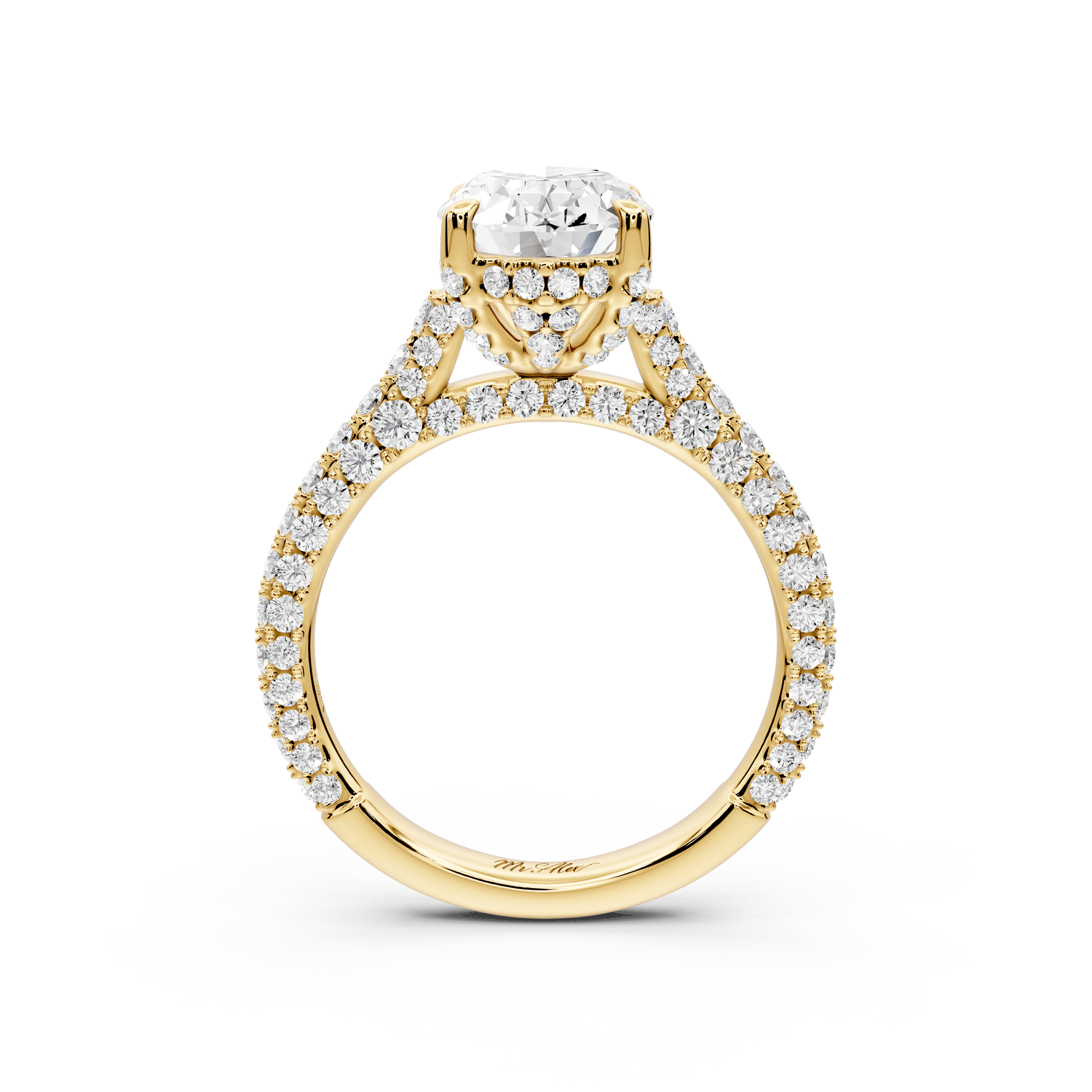 Bianca - 2ct 18k yellow gold oval Diamond hidden halo with a diamond crown and bridge rollover pave cathedral Engagement ring - Mr. Alex Jewelry