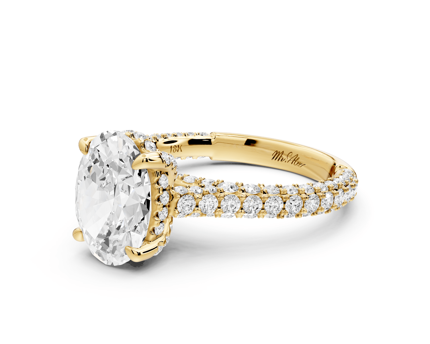 Bianca - 2ct 18k yellow gold oval Diamond hidden halo with a diamond crown and bridge rollover pave cathedral Engagement ring - Mr. Alex Jewelry