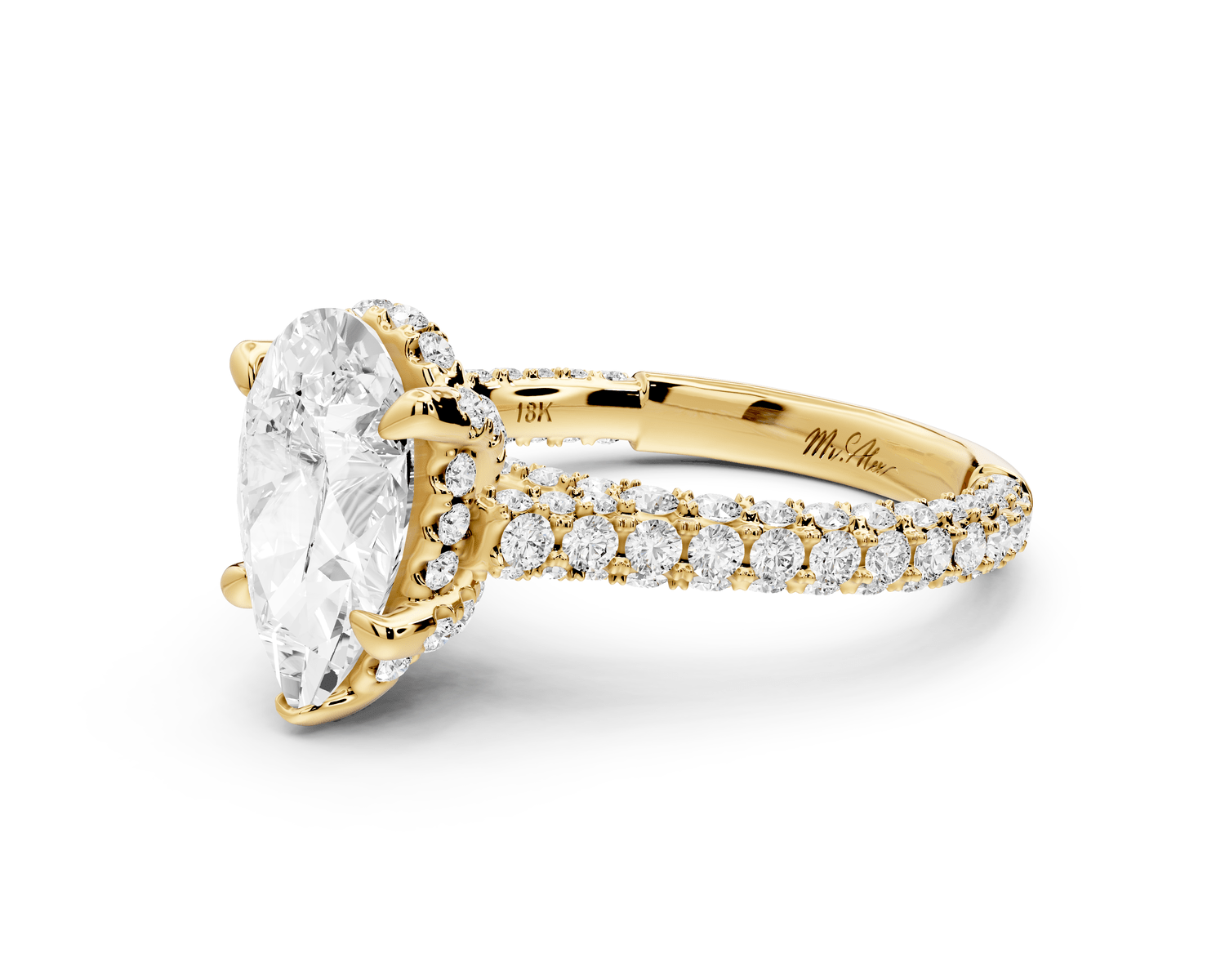 Bianca - 2ct 18k yellow gold pear Diamond hidden halo with a diamond crown and bridge rollover pave cathedral Engagement ring - Mr. Alex Jewelry