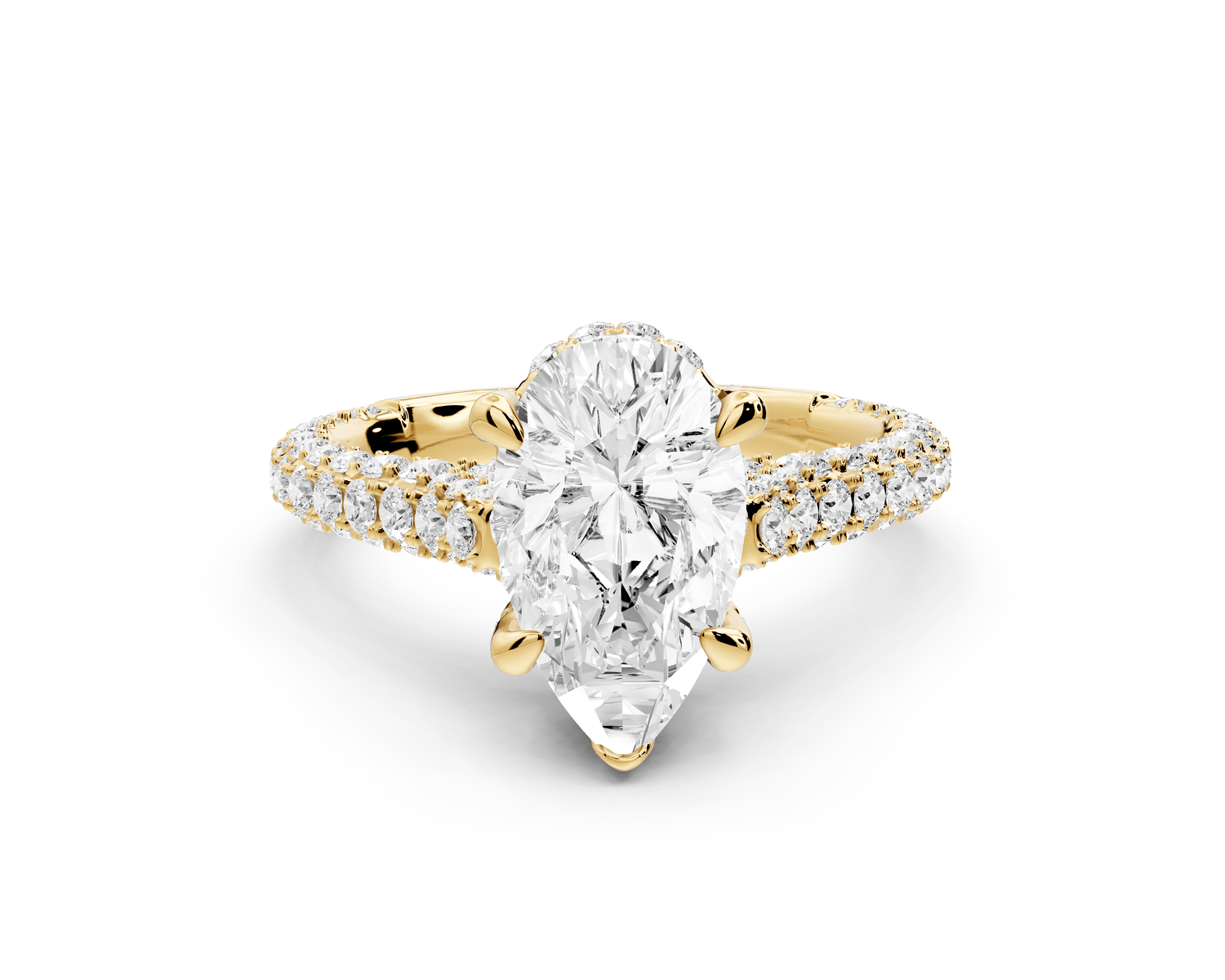 Bianca - 2ct 18k yellow gold pear Diamond hidden halo with a diamond crown and bridge rollover pave cathedral Engagement ring - Mr. Alex Jewelry