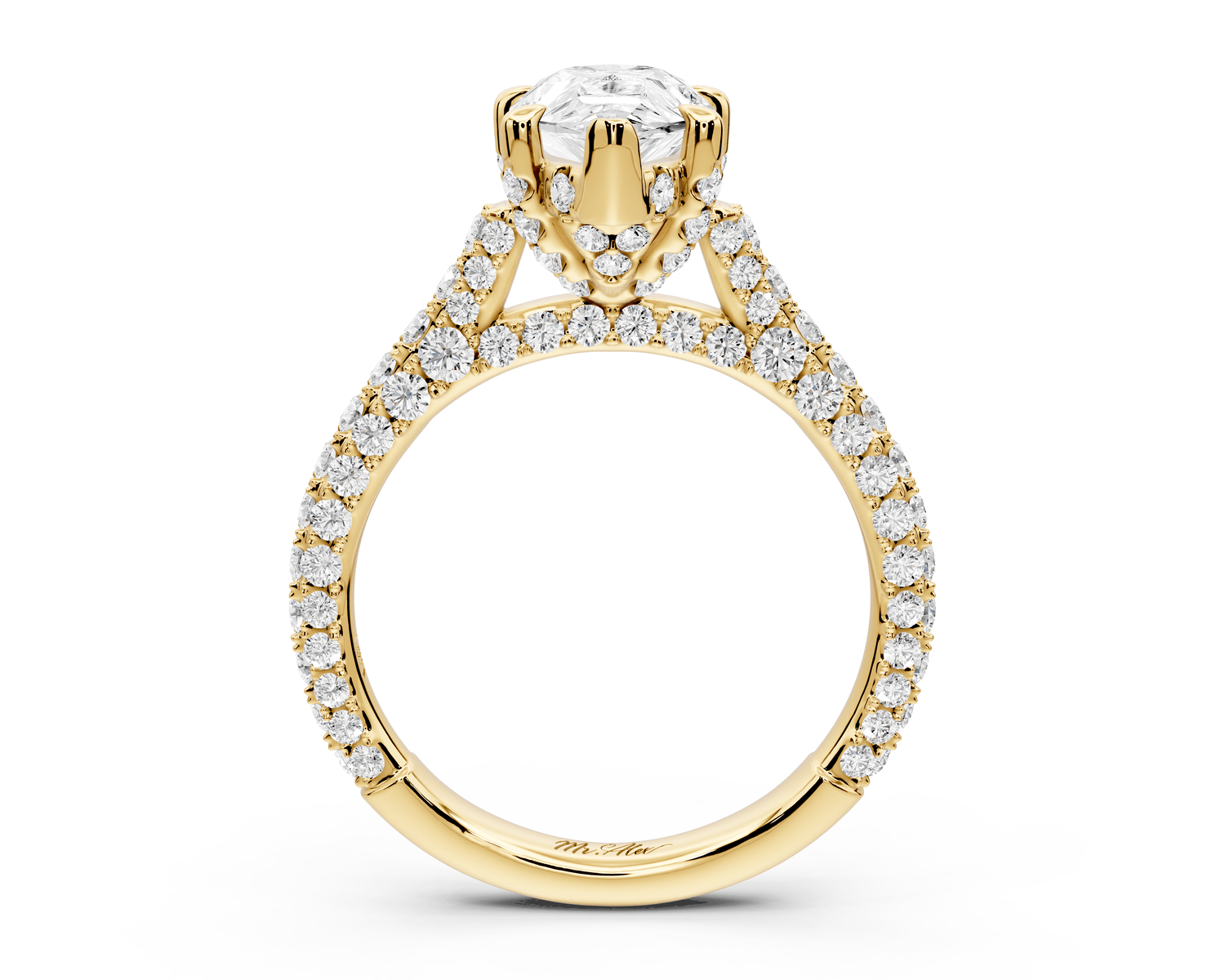 Bianca - 2ct 18k yellow gold pear Diamond hidden halo with a diamond crown and bridge rollover pave cathedral Engagement ring - Mr. Alex Jewelry