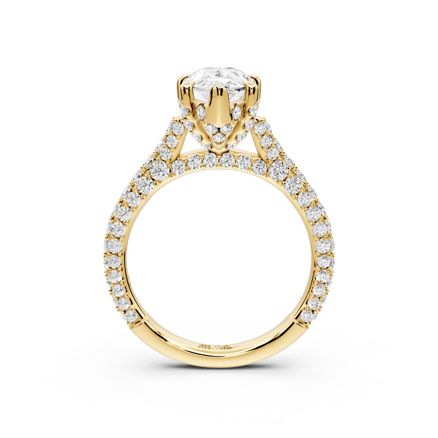 Bianca - 2ct 18k yellow gold pear Diamond hidden halo with a diamond crown and bridge rollover pave cathedral Engagement ring - Mr. Alex Jewelry