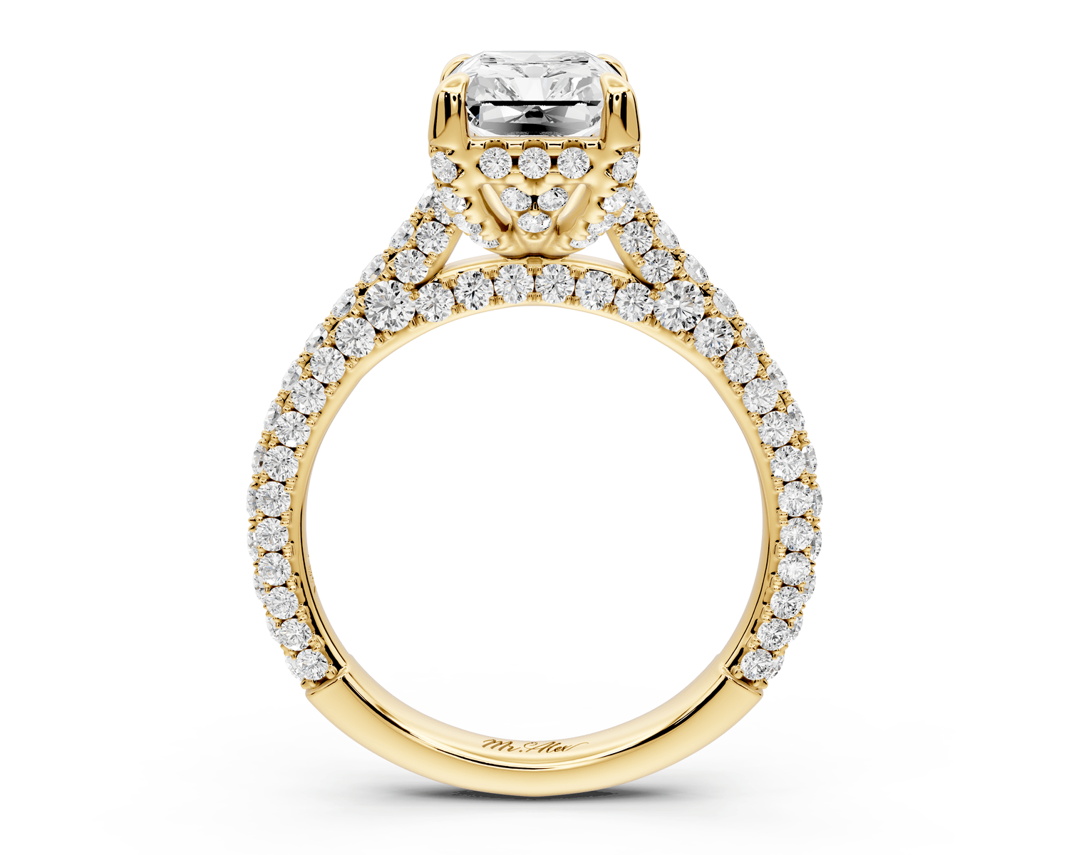Bianca - 2ct 18k yellow gold radiant Diamond hidden halo with a diamond crown and bridge rollover pave cathedral engagement ring - Mr. Alex Jewelry