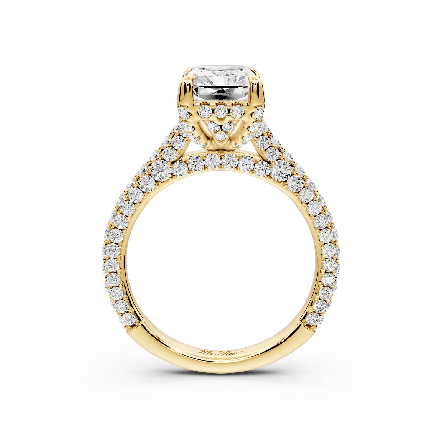 Bianca - 2ct 18k yellow gold radiant Diamond hidden halo with a diamond crown and bridge rollover pave cathedral engagement ring - Mr. Alex Jewelry