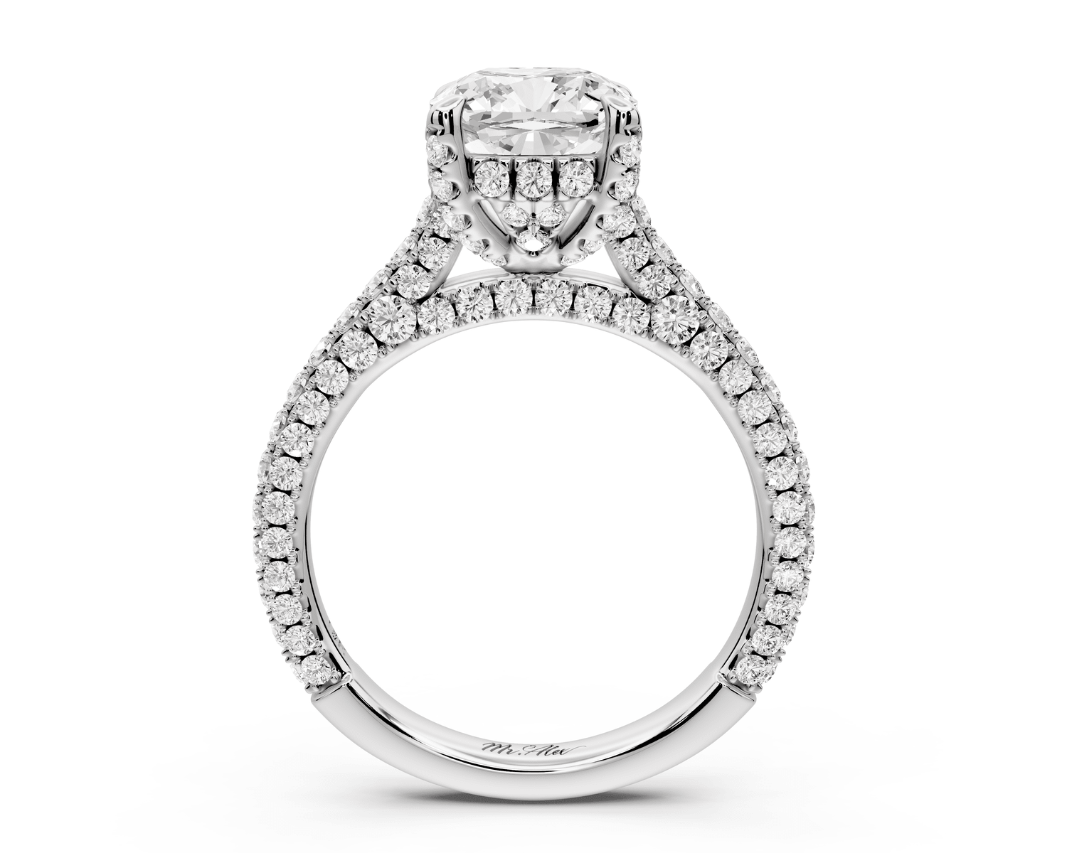 Bianca - 2ct platinum cushion Diamond hidden halo with a diamond crown and bridge rollover pave cathedral engagement ring - Mr. Alex Jewelry