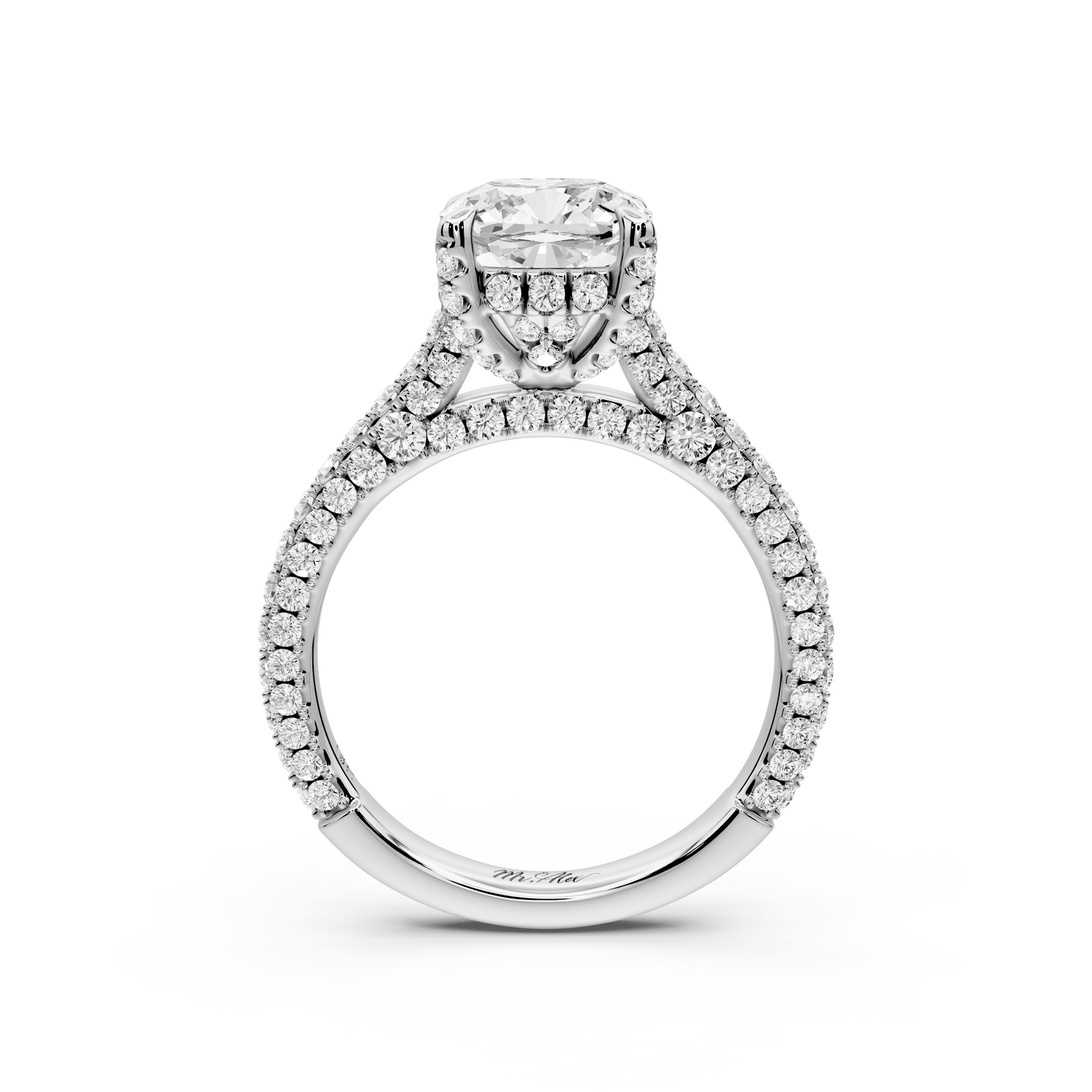 Bianca - 2ct platinum cushion Diamond hidden halo with a diamond crown and bridge rollover pave cathedral engagement ring - Mr. Alex Jewelry