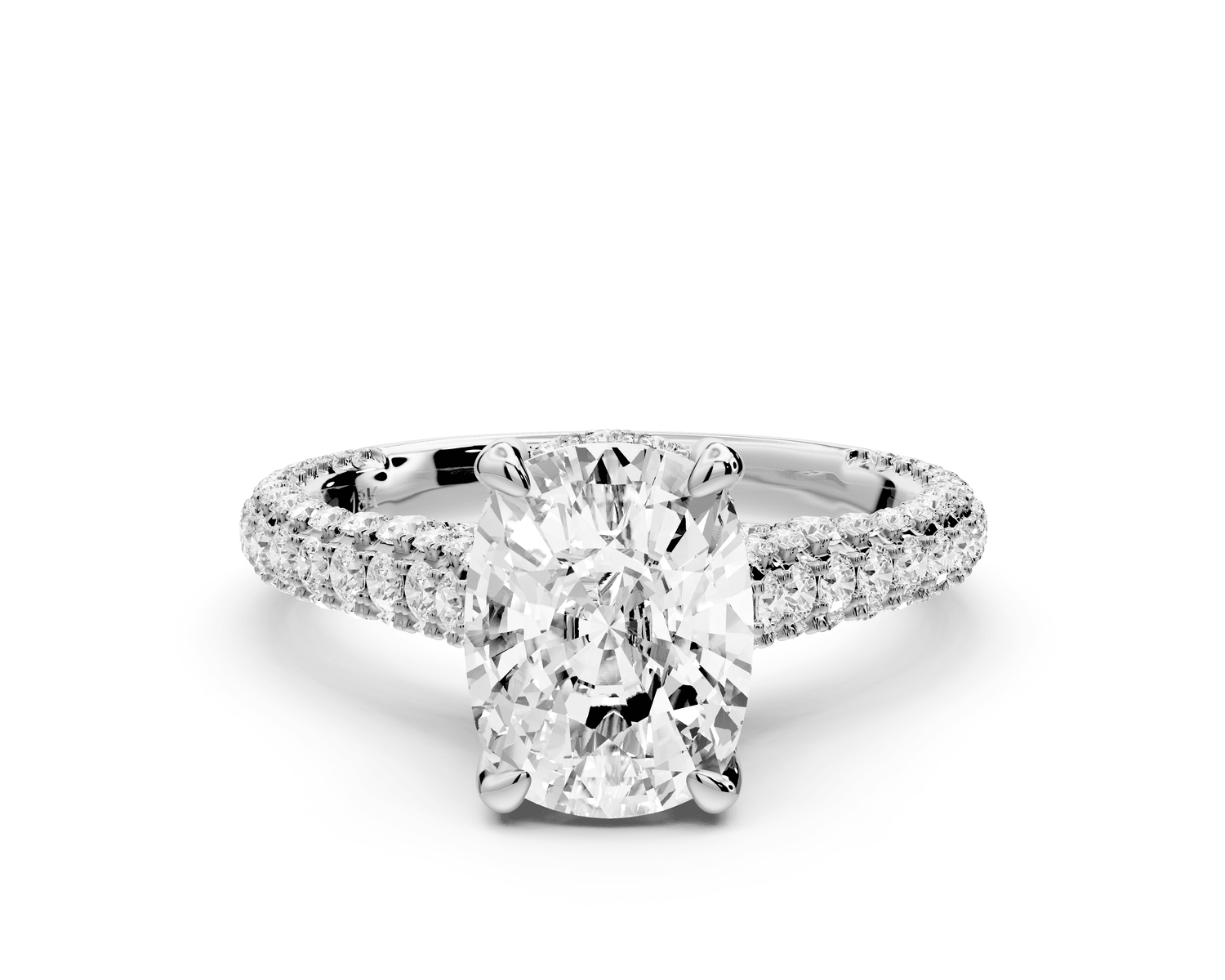 Bianca - 2ct platinum ecushion Diamond hidden halo with a diamond crown and bridge rollover pave cathedral engagement ring - Mr. Alex Jewelry