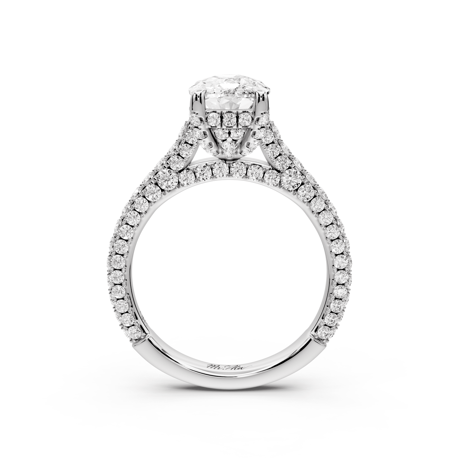 Bianca - 2ct platinum ecushion Diamond hidden halo with a diamond crown and bridge rollover pave cathedral engagement ring - Mr. Alex Jewelry