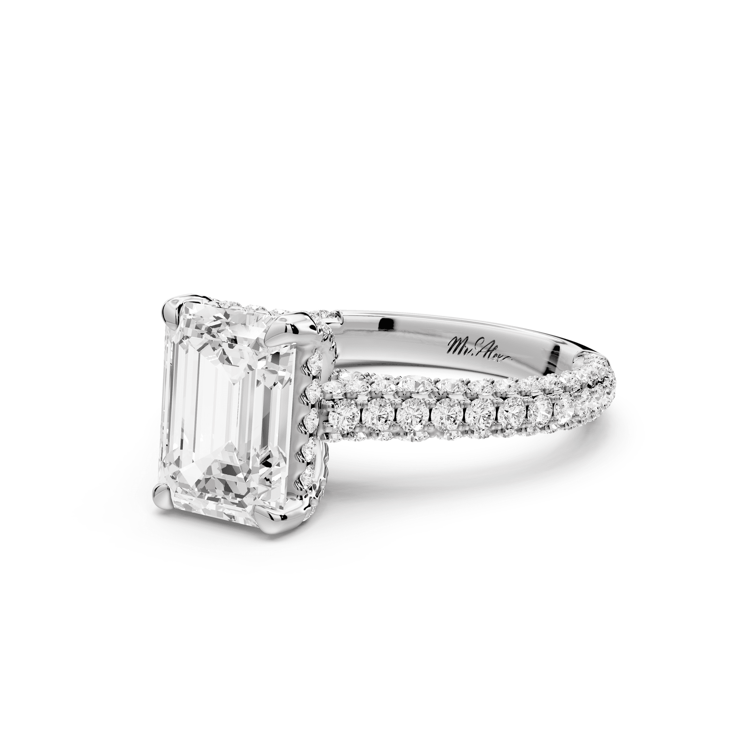 Bianca - 2ct platinum emerald Diamond hidden halo with a diamond crown and bridge rollover pave cathedral Engagement ring - Mr. Alex Jewelry