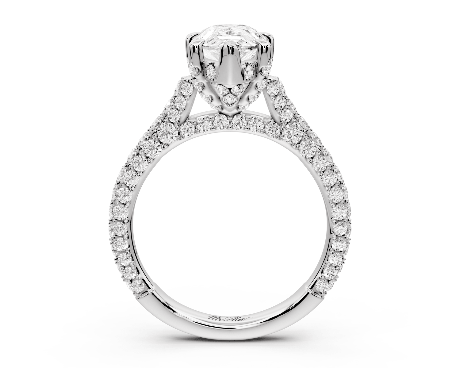 Bianca - 2ct platinum pear Diamond hidden halo with a diamond crown and bridge rollover pave cathedral Engagement ring - Mr. Alex Jewelry
