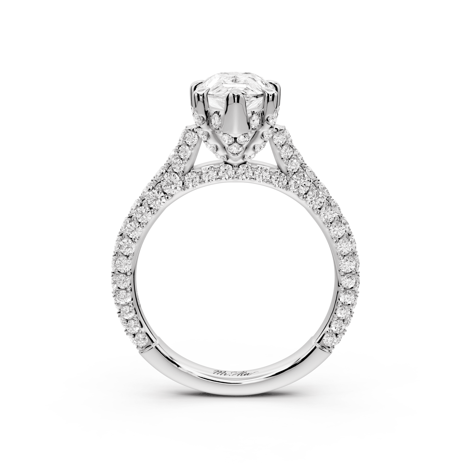 Bianca - 2ct platinum pear Diamond hidden halo with a diamond crown and bridge rollover pave cathedral Engagement ring - Mr. Alex Jewelry
