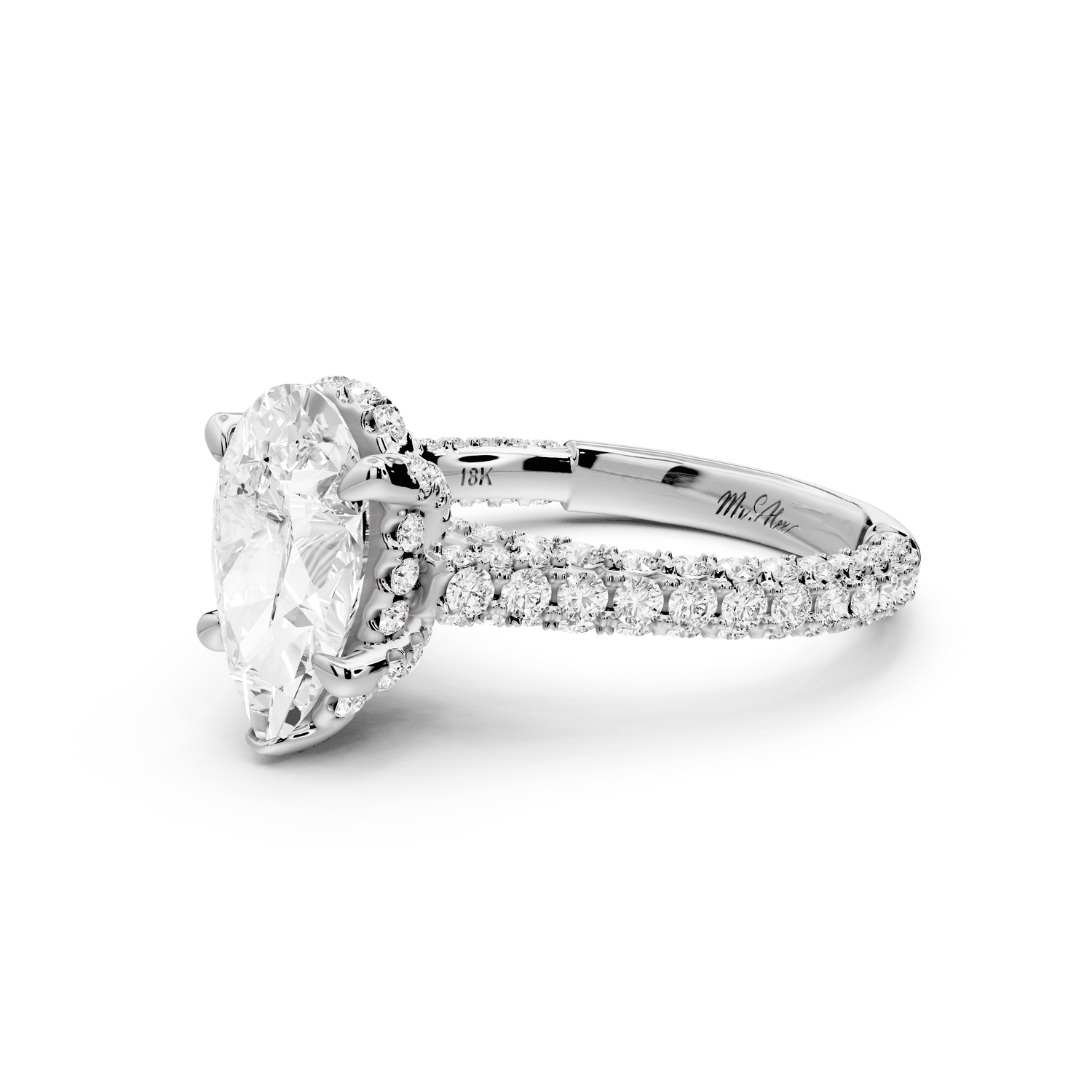 Bianca - 2ct platinum pear Diamond hidden halo with a diamond crown and bridge rollover pave cathedral Engagement ring - Mr. Alex Jewelry