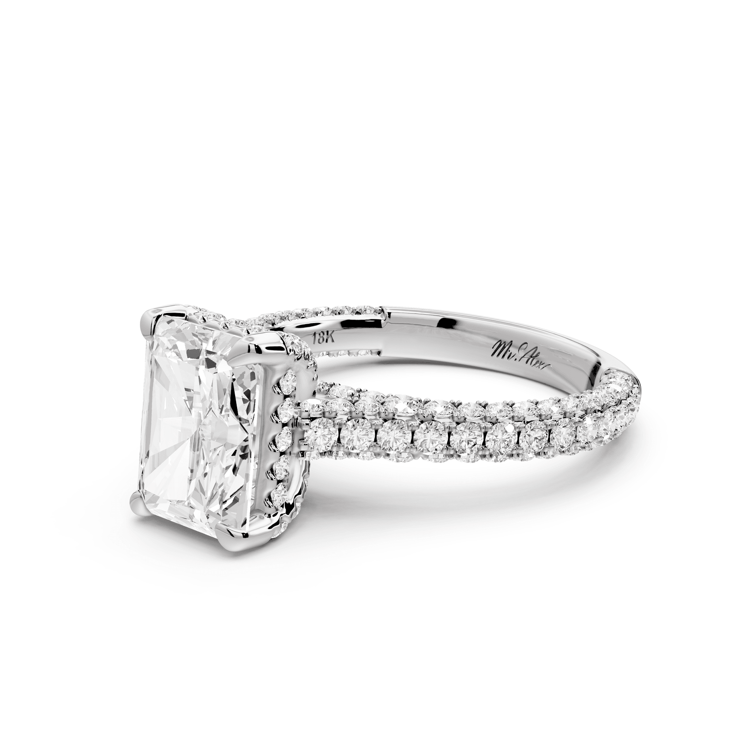 Bianca - 2ct platinum radiant Diamond hidden halo with a diamond crown and bridge rollover pave cathedral engagement ring - Mr. Alex Jewelry