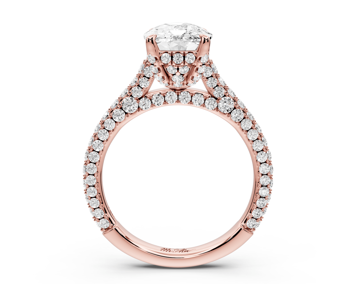 Bianca - 3ct 14k rose gold ecushion Diamond hidden halo with a diamond crown and bridge rollover pave cathedral engagement ring - Mr. Alex Jewelry