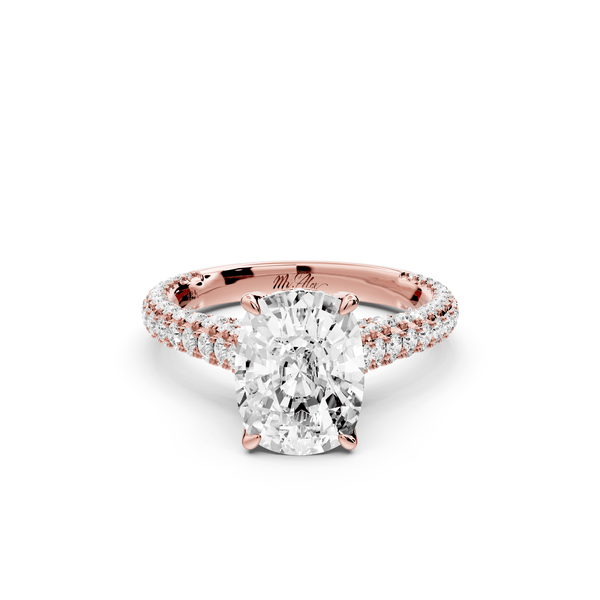 Bianca - 3ct 14k rose gold ecushion Diamond hidden halo with a diamond crown and bridge rollover pave cathedral engagement ring - Mr. Alex Jewelry
