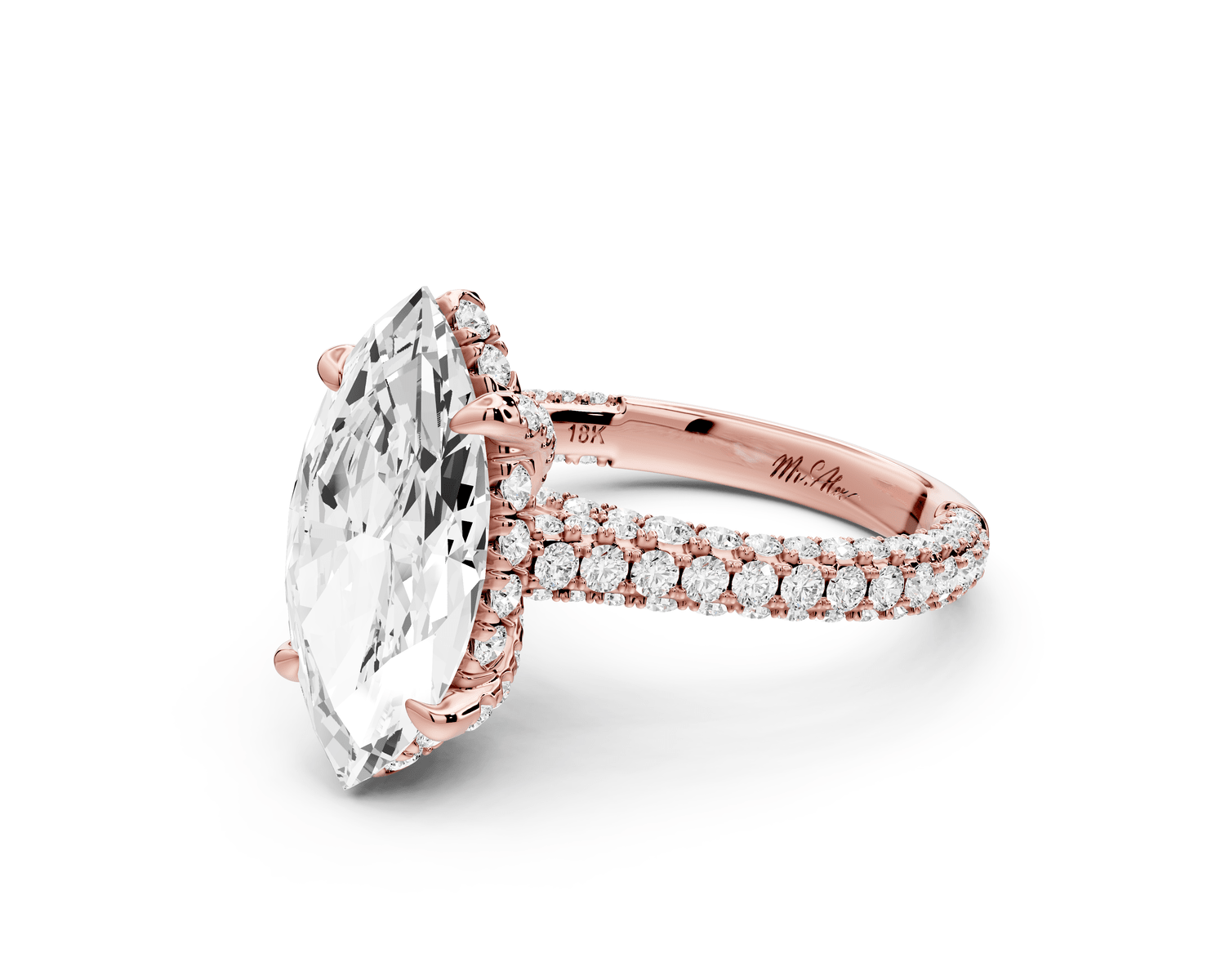 Bianca - 3ct 14k rose gold marquise Diamond hidden halo with a diamond crown and bridge rollover pave cathedral engagement ring - Mr. Alex Jewelry