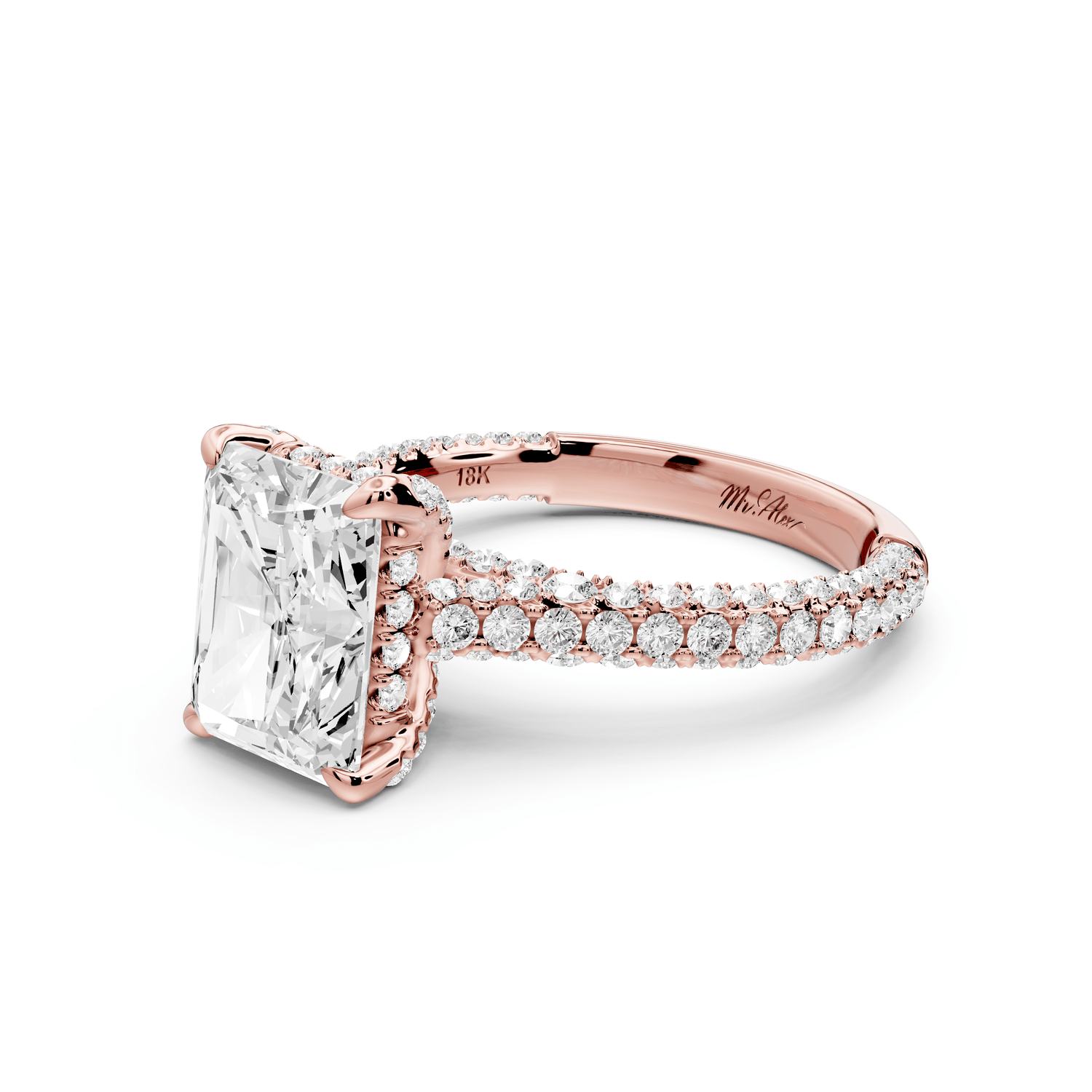 Bianca - 3ct 14k rose gold radiant Diamond hidden halo with a diamond crown and bridge rollover pave cathedral engagement ring - Mr. Alex Jewelry