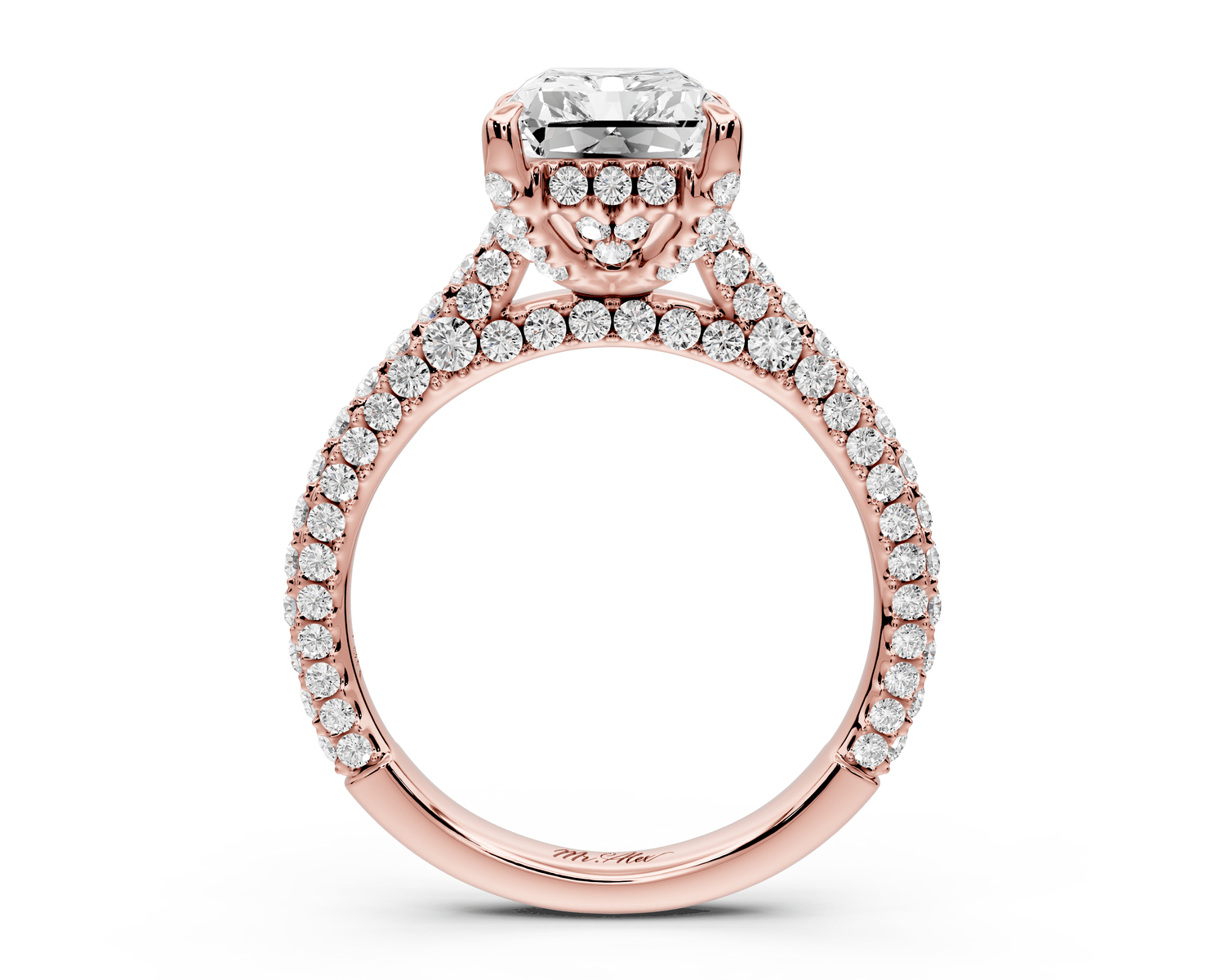 Bianca - 3ct 14k rose gold radiant Diamond hidden halo with a diamond crown and bridge rollover pave cathedral engagement ring - Mr. Alex Jewelry