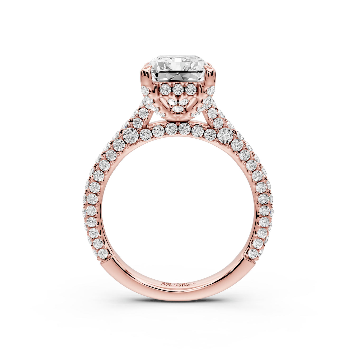 Bianca - 3ct 14k rose gold radiant Diamond hidden halo with a diamond crown and bridge rollover pave cathedral engagement ring - Mr. Alex Jewelry