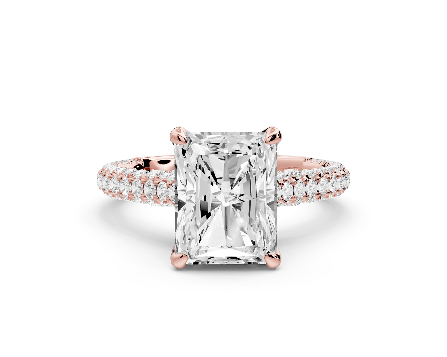 Bianca - 3ct 14k rose gold radiant Diamond hidden halo with a diamond crown and bridge rollover pave cathedral engagement ring - Mr. Alex Jewelry