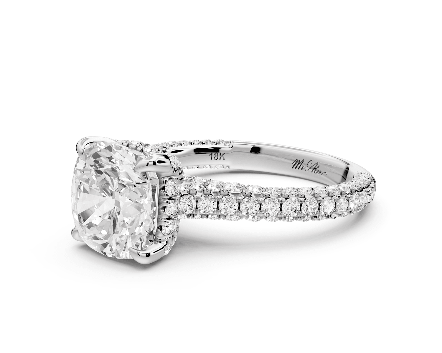 Bianca - 3ct 14k white gold cushion Diamond hidden halo with a diamond crown and bridge rollover pave cathedral engagement ring - Mr. Alex Jewelry