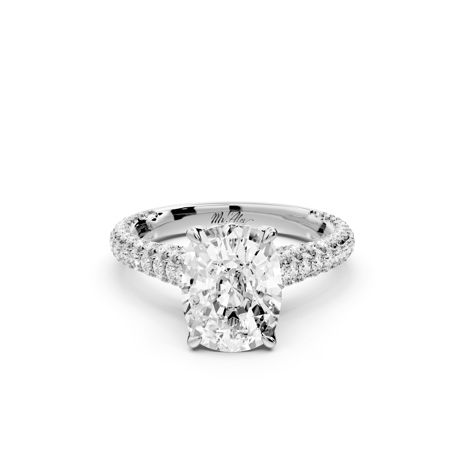 Bianca - 3ct 14k white gold ecushion Diamond hidden halo with a diamond crown and bridge rollover pave cathedral engagement ring - Mr. Alex Jewelry