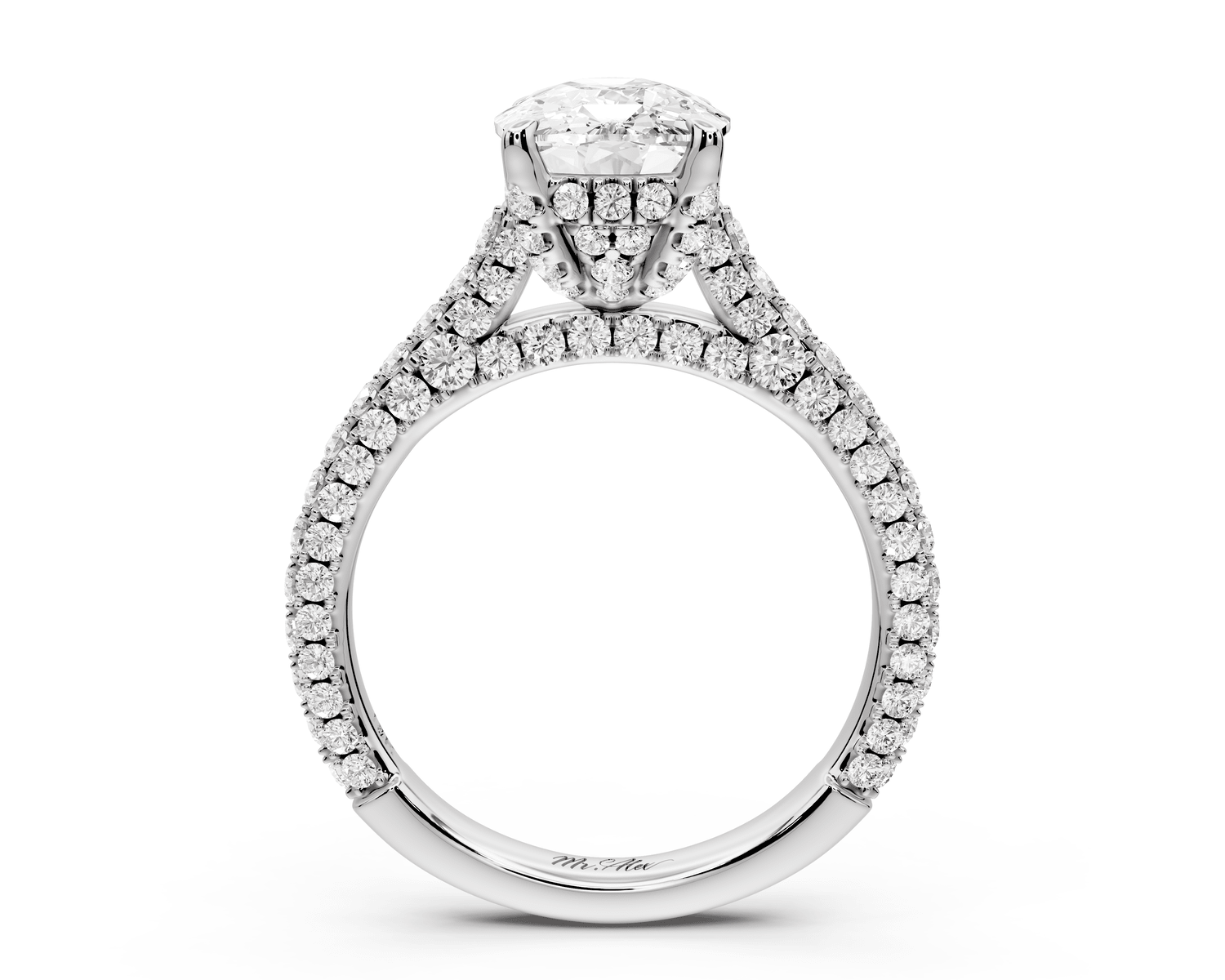 Bianca - 3ct 14k white gold ecushion Diamond hidden halo with a diamond crown and bridge rollover pave cathedral engagement ring - Mr. Alex Jewelry