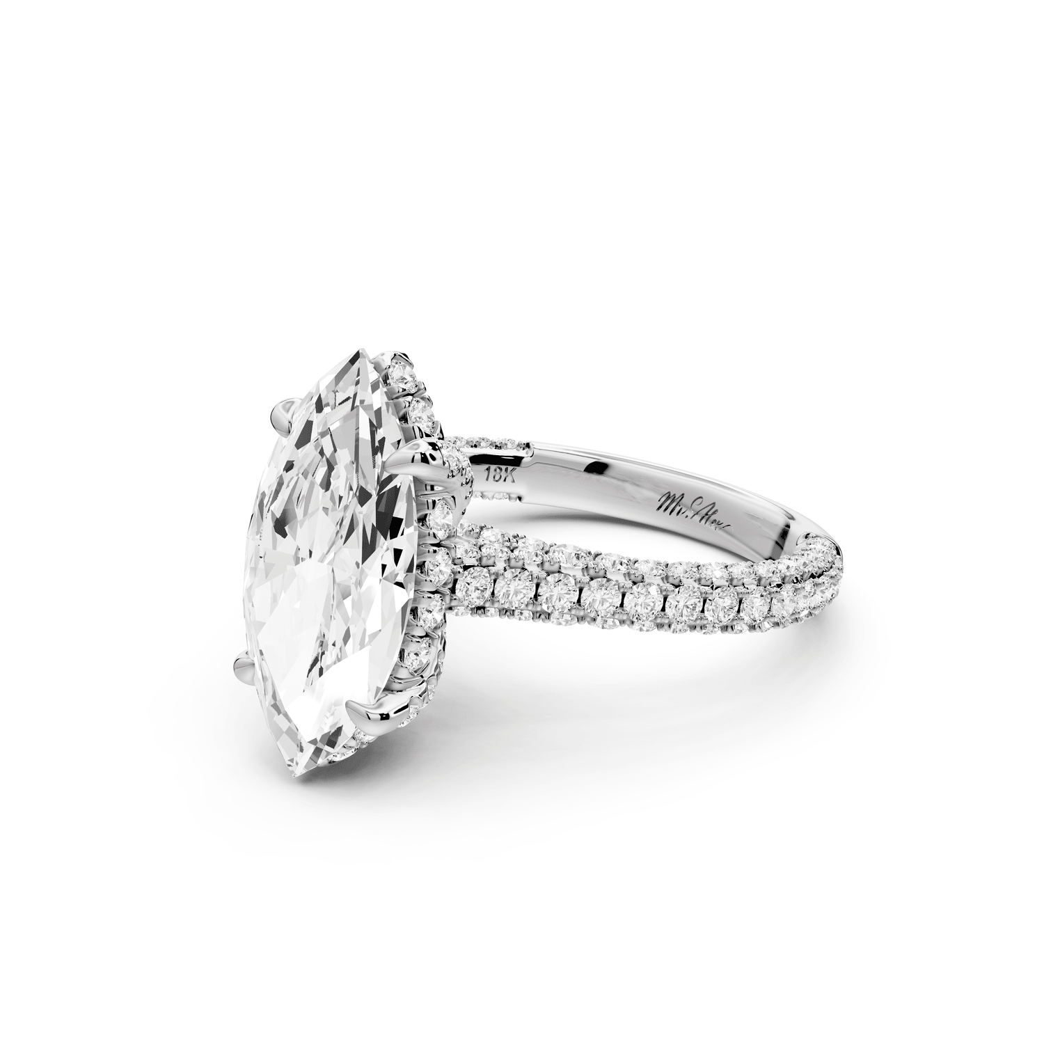 Bianca - 3ct 14k white gold marquise Diamond hidden halo with a diamond crown and bridge rollover pave cathedral engagement ring - Mr. Alex Jewelry