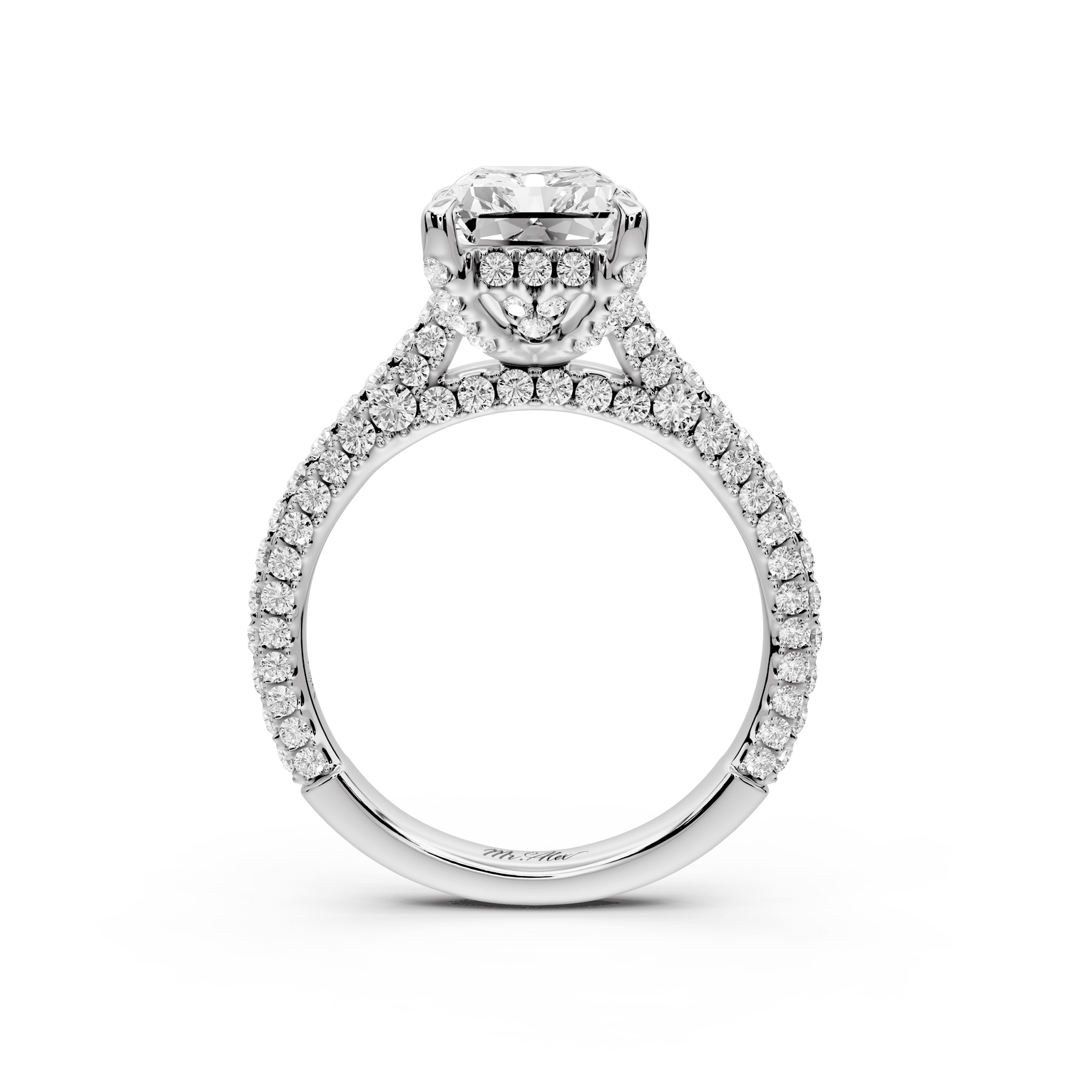 Bianca - 3ct 14k white gold radiant Diamond hidden halo with a diamond crown and bridge rollover pave cathedral engagement ring - Mr. Alex Jewelry