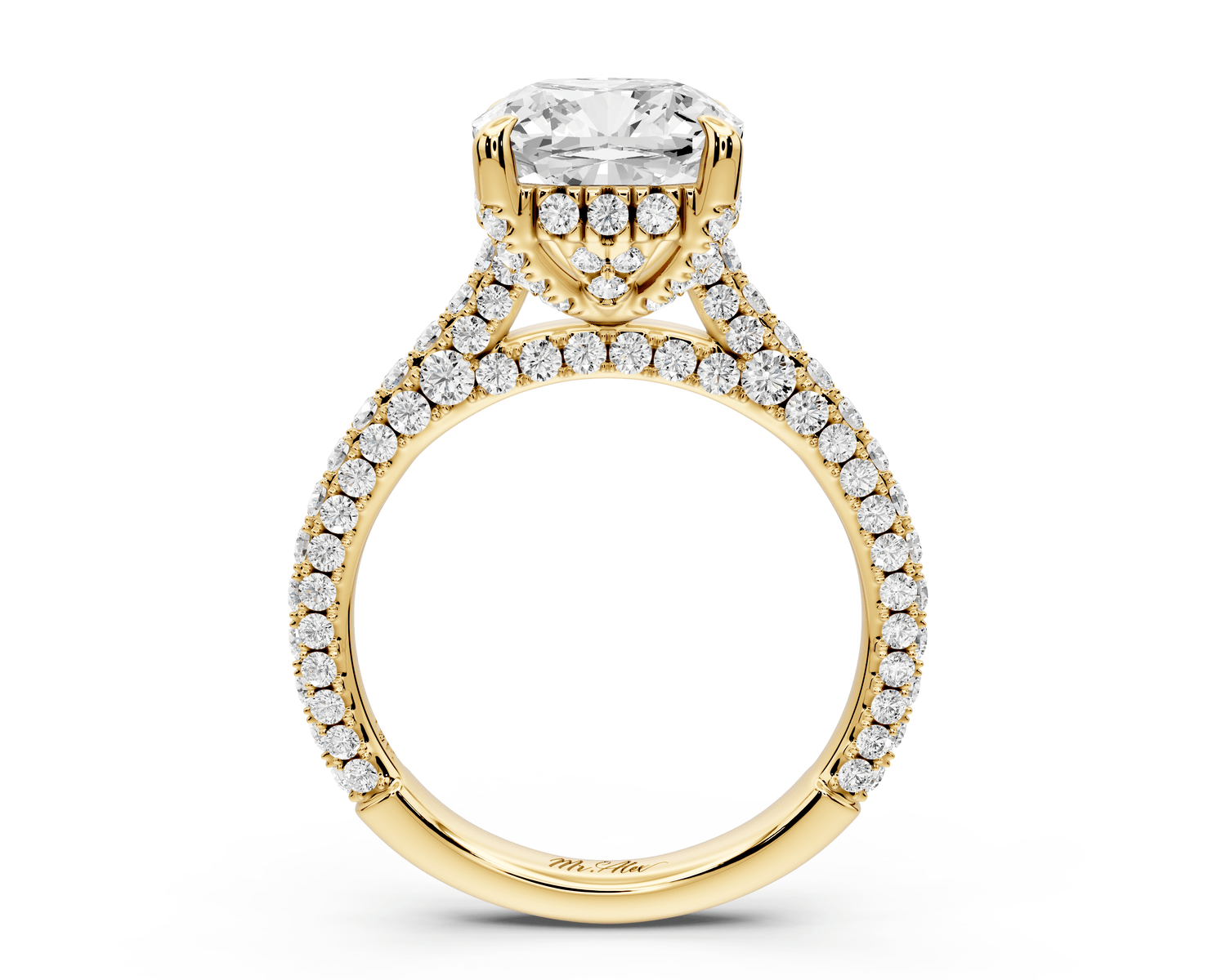 Bianca - 3ct 14k yellow gold cushion Diamond hidden halo with a diamond crown and bridge rollover pave cathedral engagement ring - Mr. Alex Jewelry