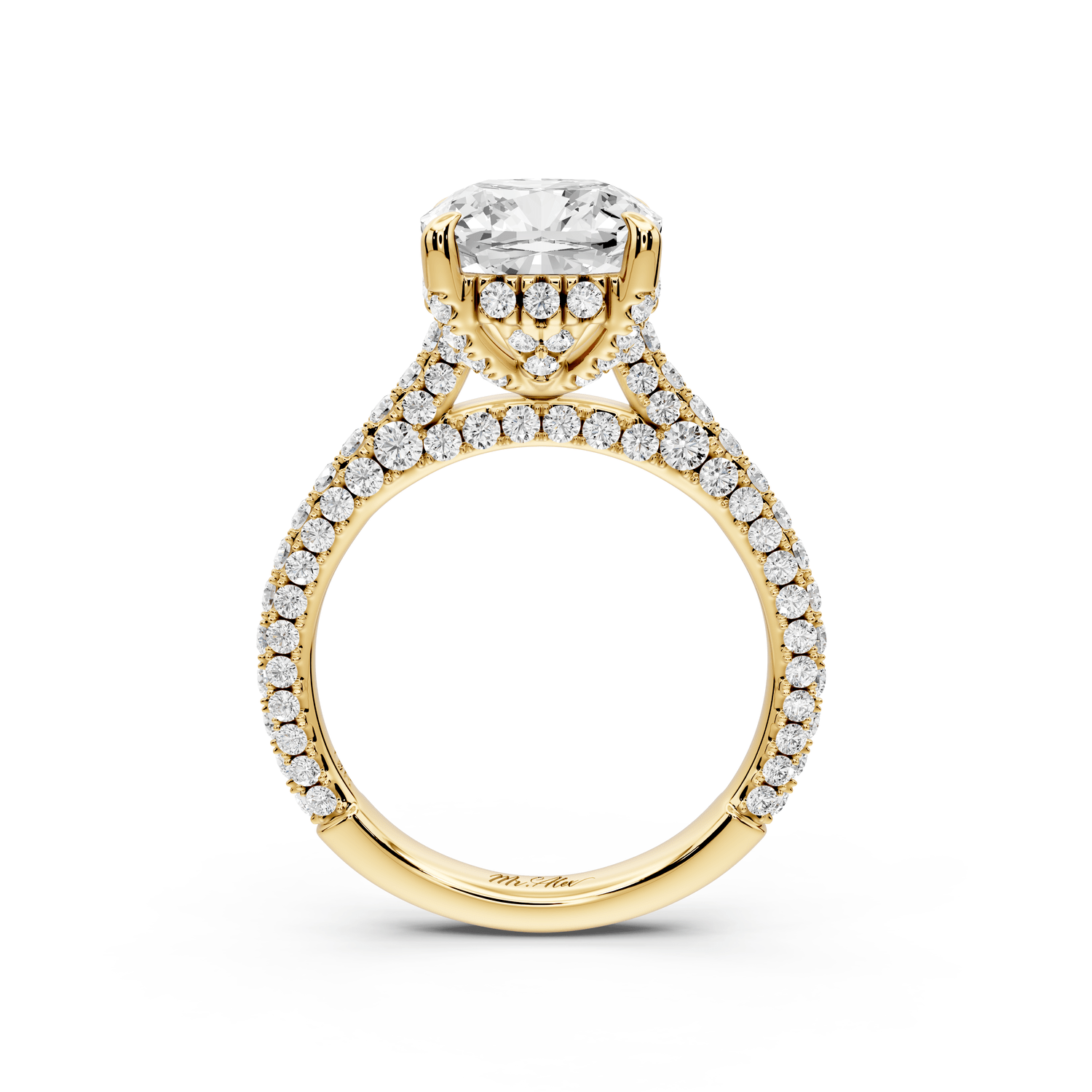 Bianca - 3ct 14k yellow gold cushion Diamond hidden halo with a diamond crown and bridge rollover pave cathedral engagement ring - Mr. Alex Jewelry