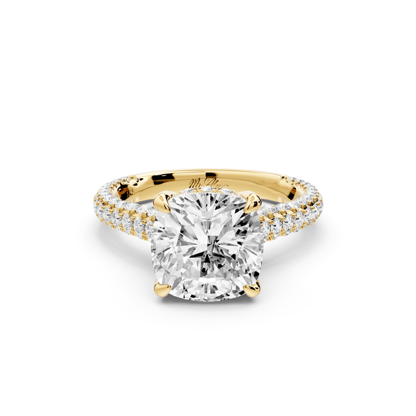 Bianca - 3ct 14k yellow gold cushion Diamond hidden halo with a diamond crown and bridge rollover pave cathedral engagement ring - Mr. Alex Jewelry