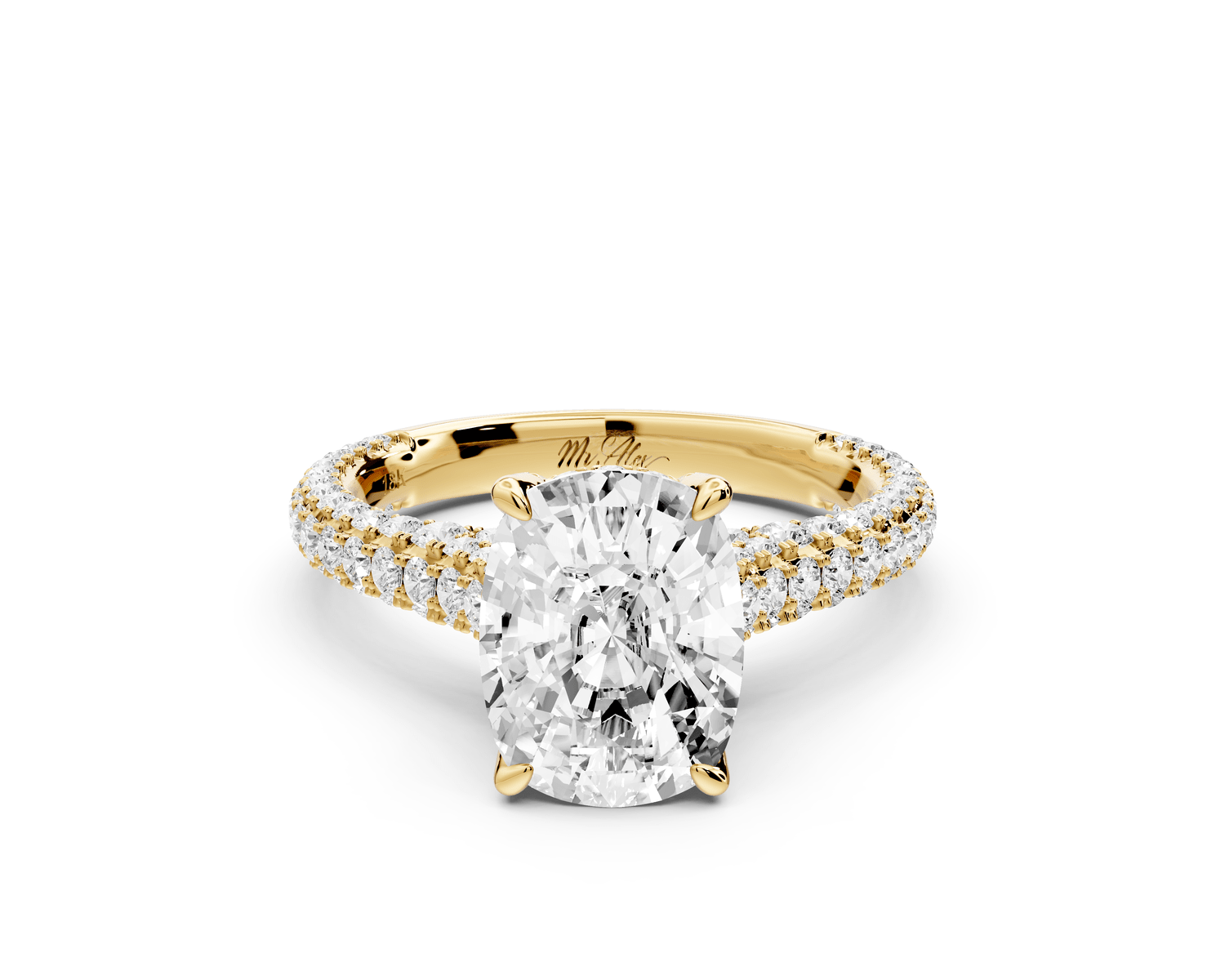 Bianca - 3ct 14k yellow gold ecushion Diamond hidden halo with a diamond crown and bridge rollover pave cathedral engagement ring - Mr. Alex Jewelry