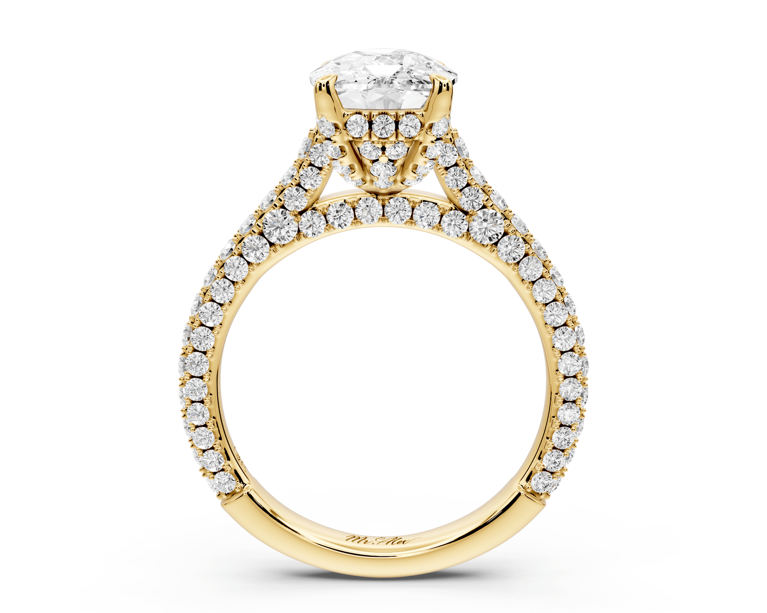 Bianca - 3ct 14k yellow gold ecushion Diamond hidden halo with a diamond crown and bridge rollover pave cathedral engagement ring - Mr. Alex Jewelry
